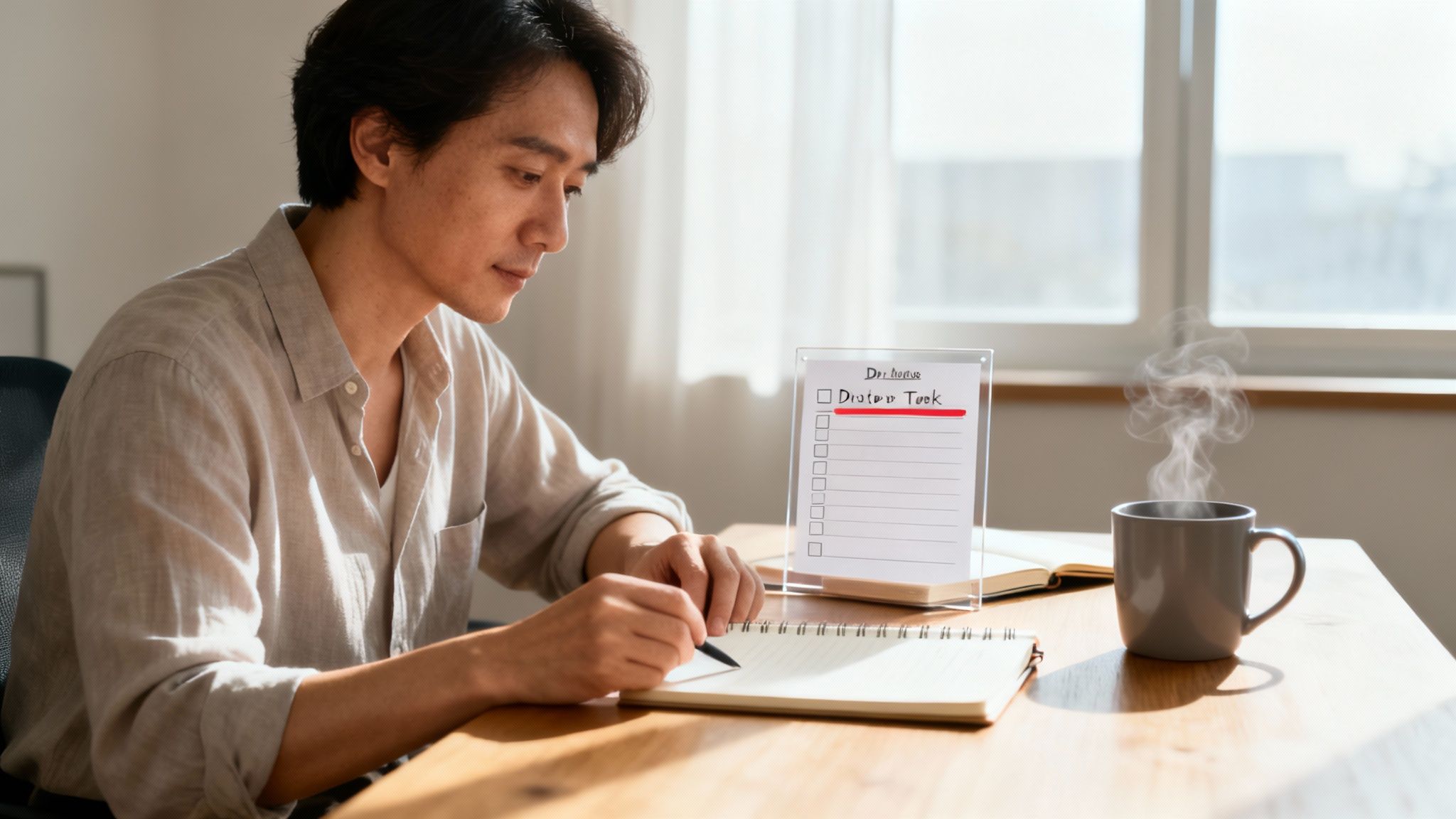 An Asian man writes in a notebook, focused on a desk with a to-do list and steaming coffee.