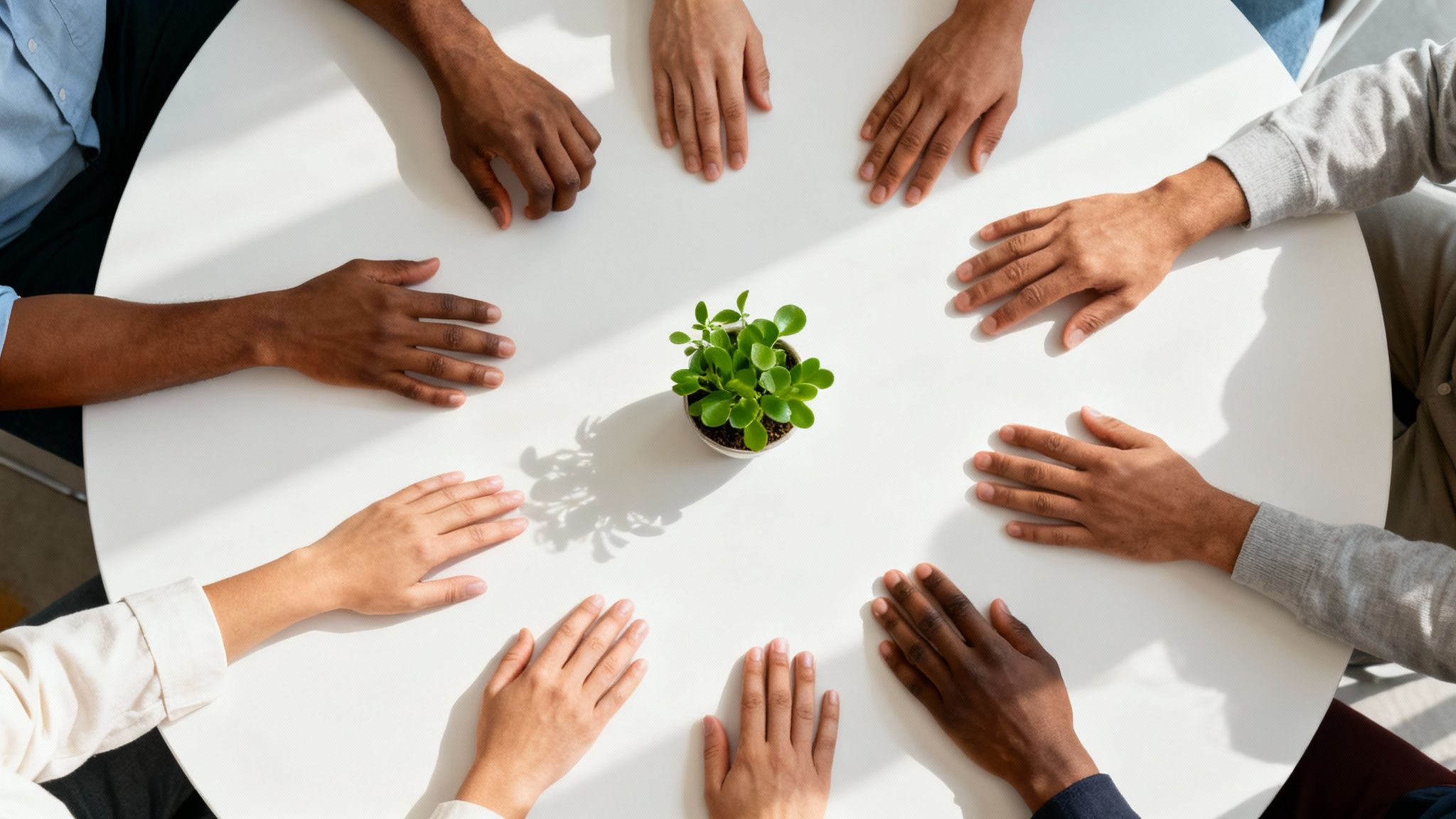 A diverse group of hands gather around a round white table with a small green plant in the middle.