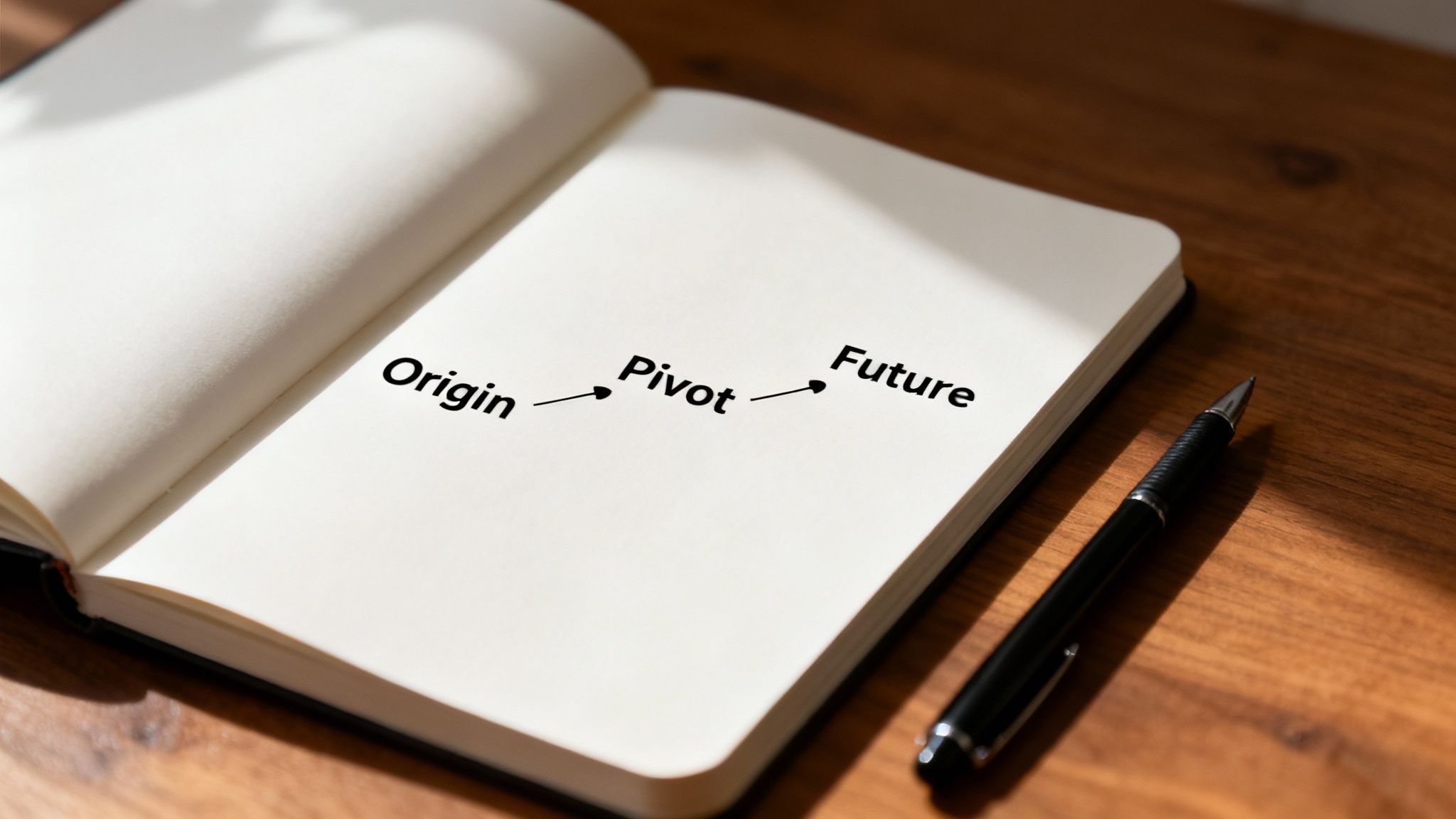 An open notebook on a wooden desk displays 'Origin, Pivot, Future' connected by arrows, next to a pen.