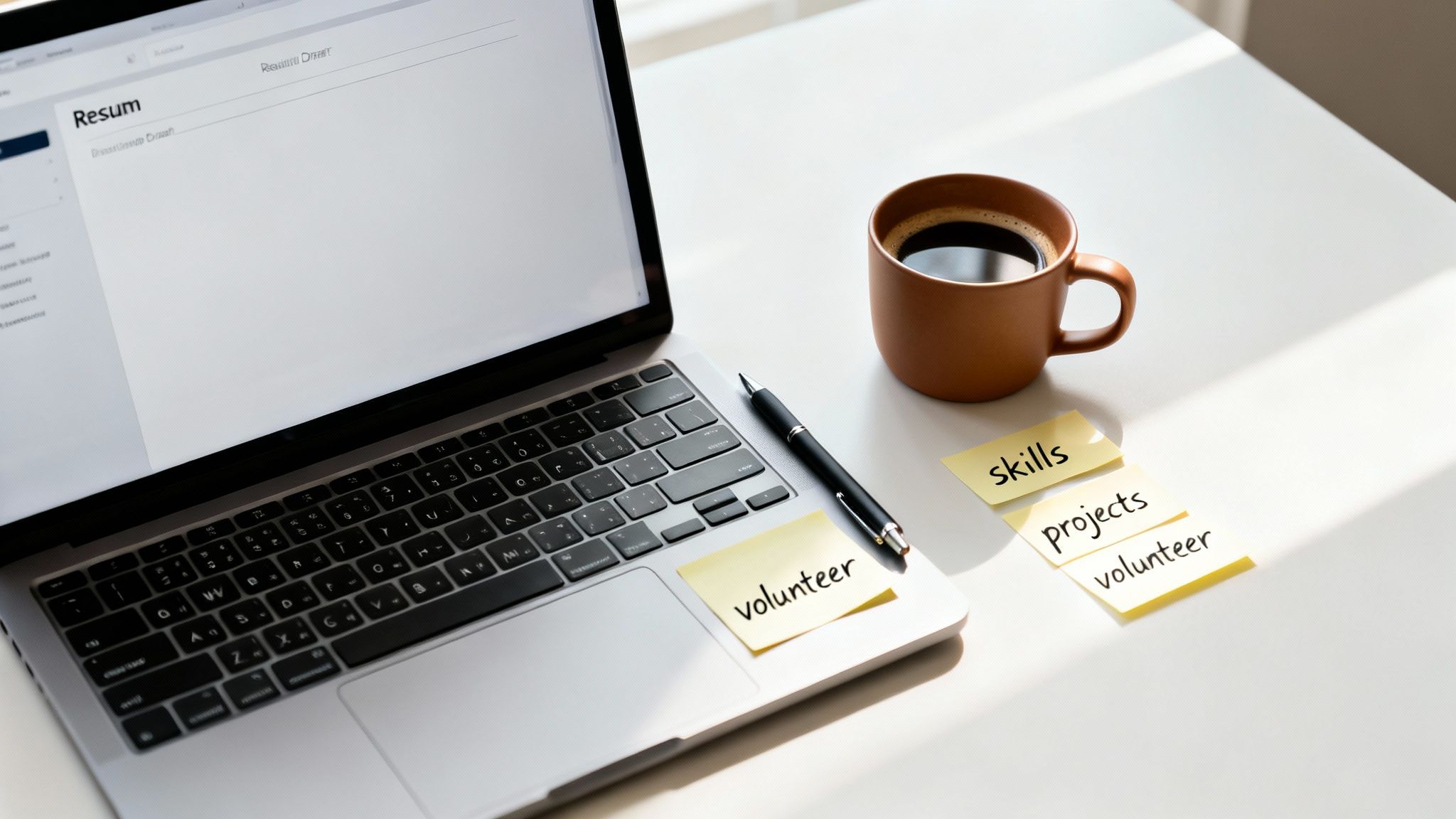 Close-up of a laptop displaying a resume draft, alongside coffee, a pen, and sticky notes for skills, projects, and volunteer work.