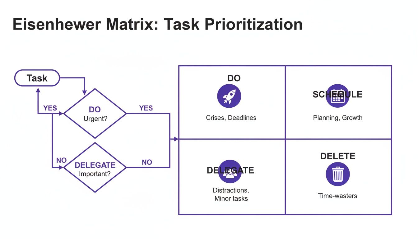A flowchart and matrix explaining the Eisenhower method for task prioritization based on urgency and importance.