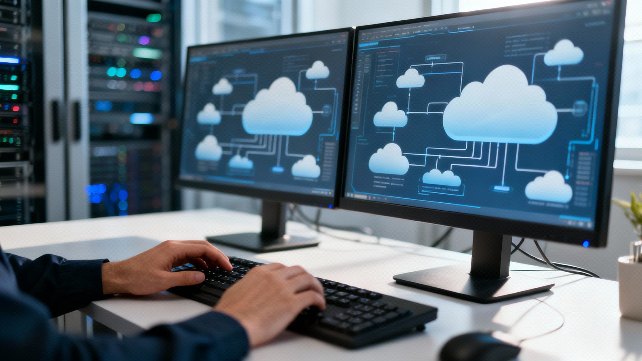 Person working on dual monitors showing cloud architecture diagrams in a data center.