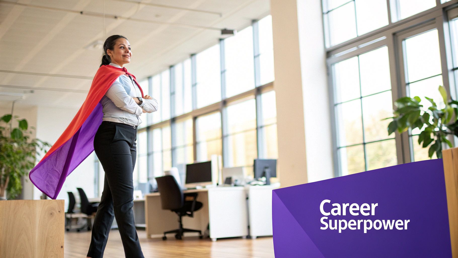 A person wearing a business suit with a glowing brain icon on their chest, symbolizing their EQ 'superpower' in a professional setting.