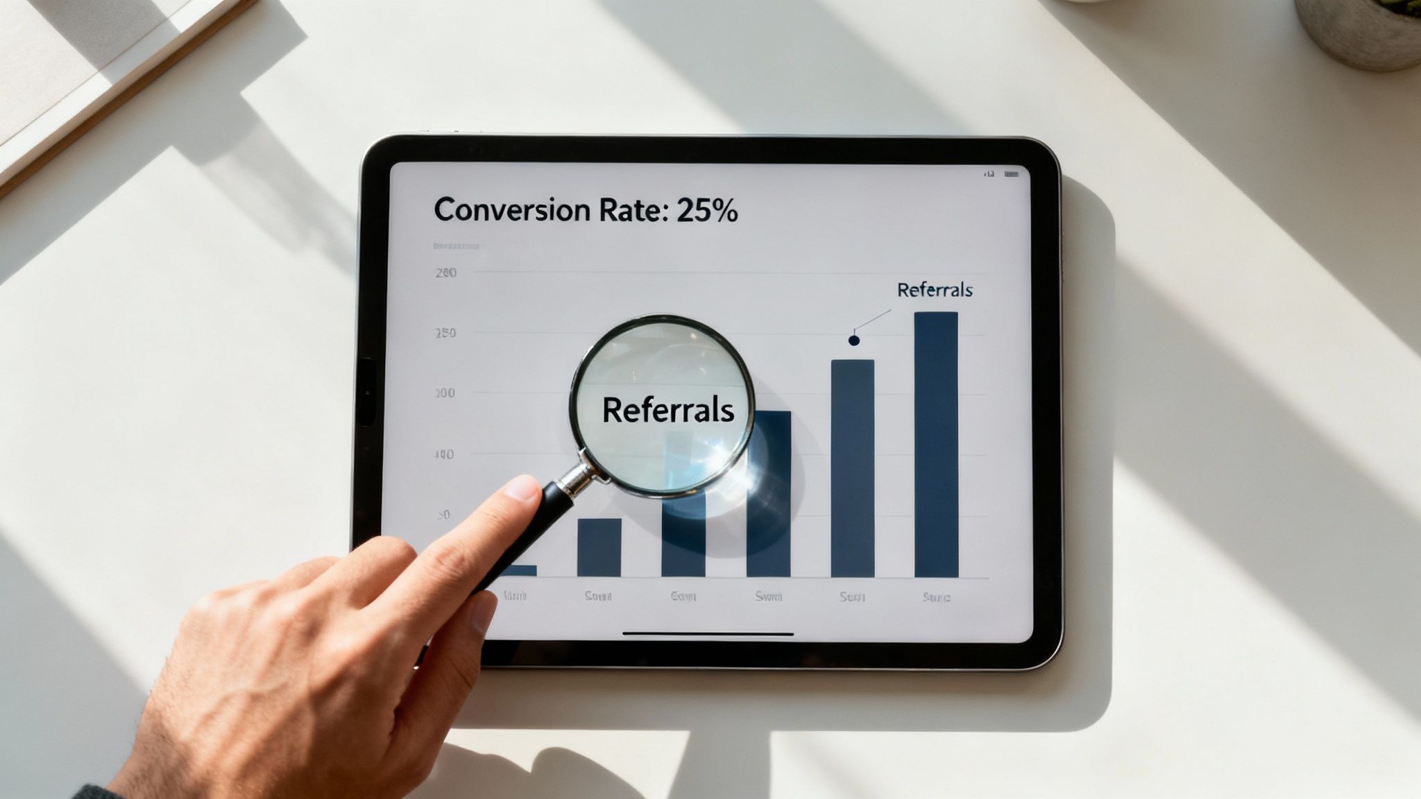 A hand uses a magnifying glass to examine a digital conversion rate chart on a tablet, highlighting referrals.