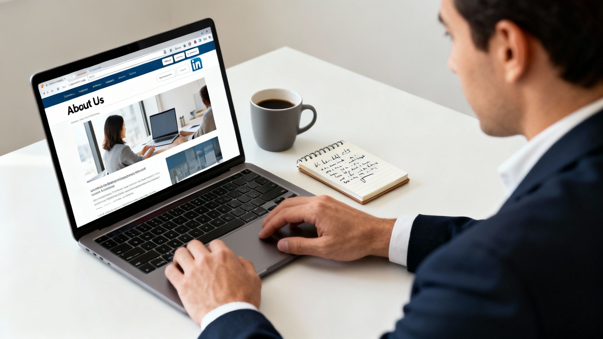 Professional man working on a laptop displaying an 'About Us' webpage, with coffee and notes.