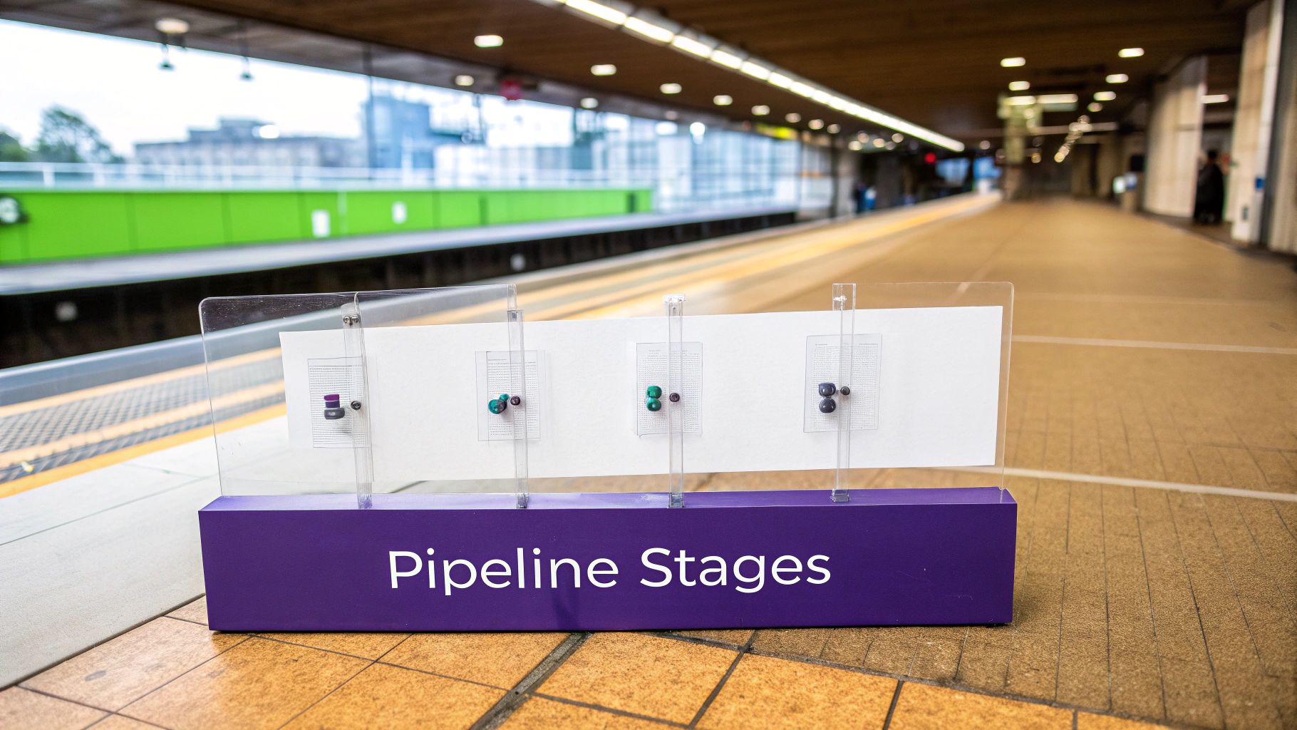 A visual representation of a pipeline with different stages and icons.