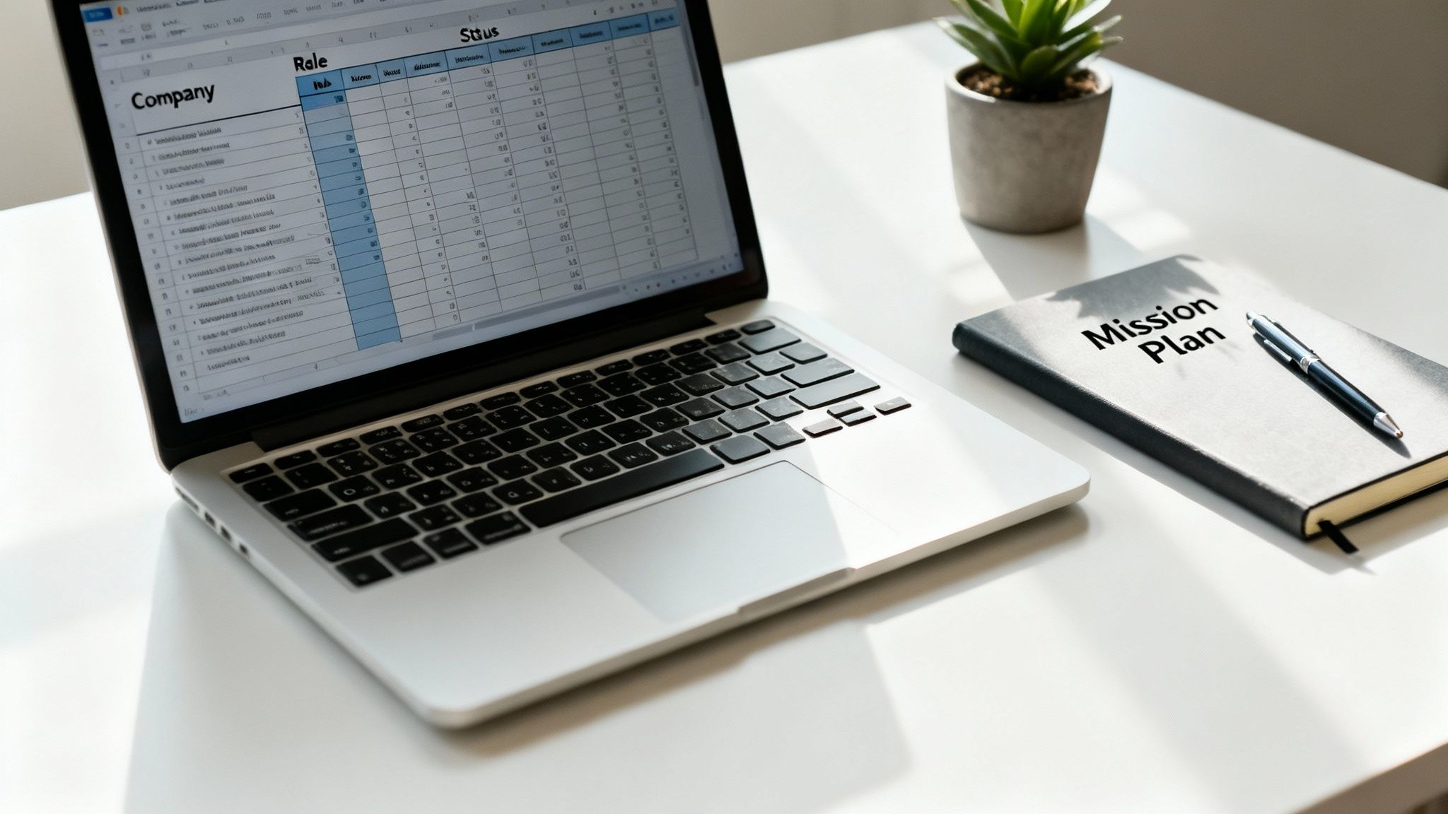 A laptop displaying a job tracker spreadsheet next to a 'Mission Plan' notebook and pen on a white desk.