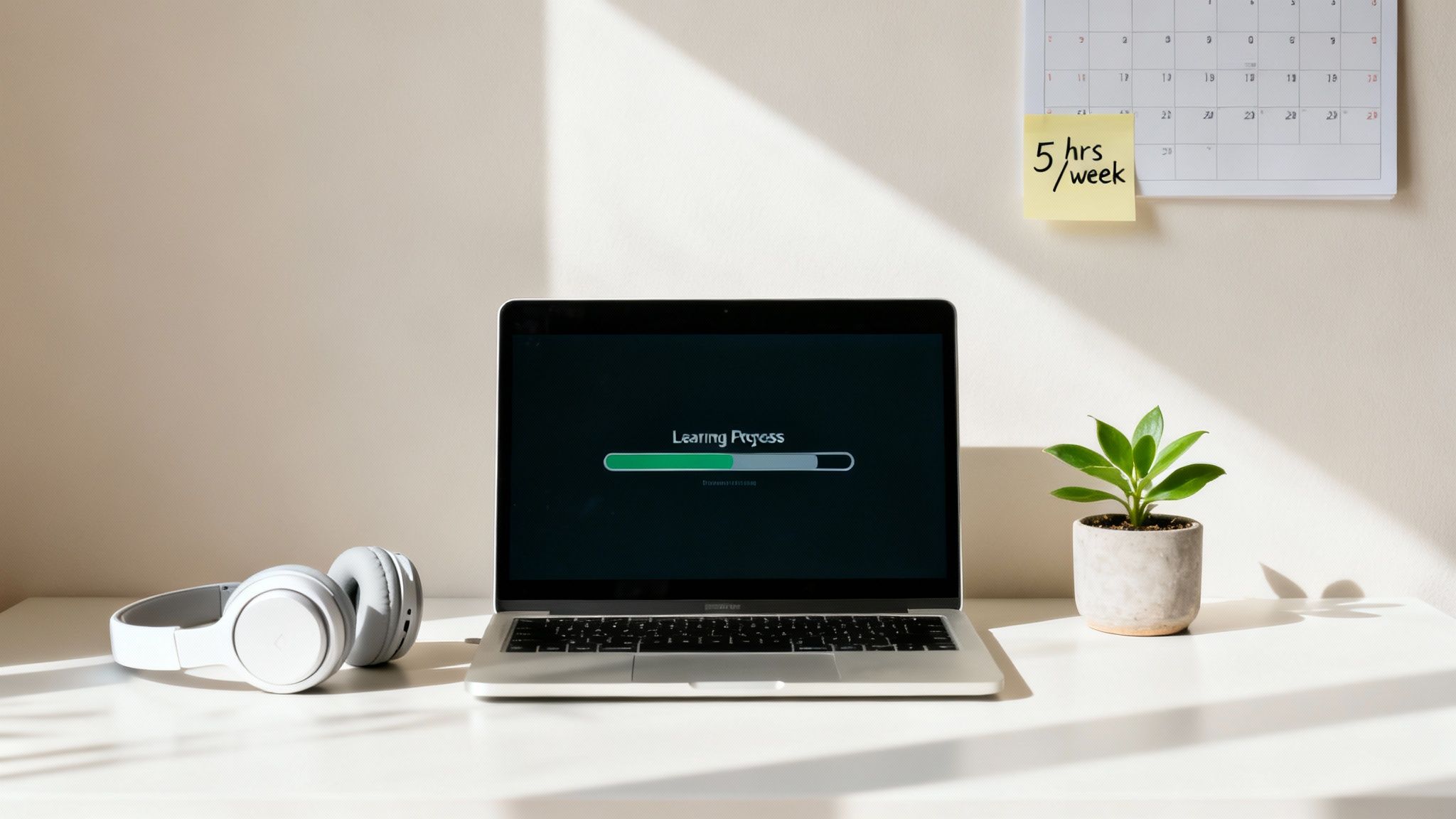 A modern workspace with a laptop showing 'Learning Progress,' headphones, a plant, and a calendar with '5 hrs/week' note.
