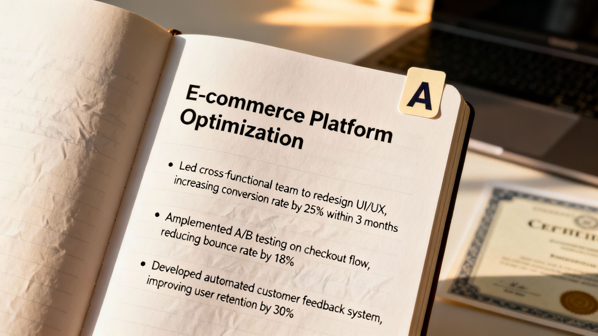 Open notebook displaying 'E-commerce Platform Optimization' title and bullet points on achievements, with an 'A' tile.