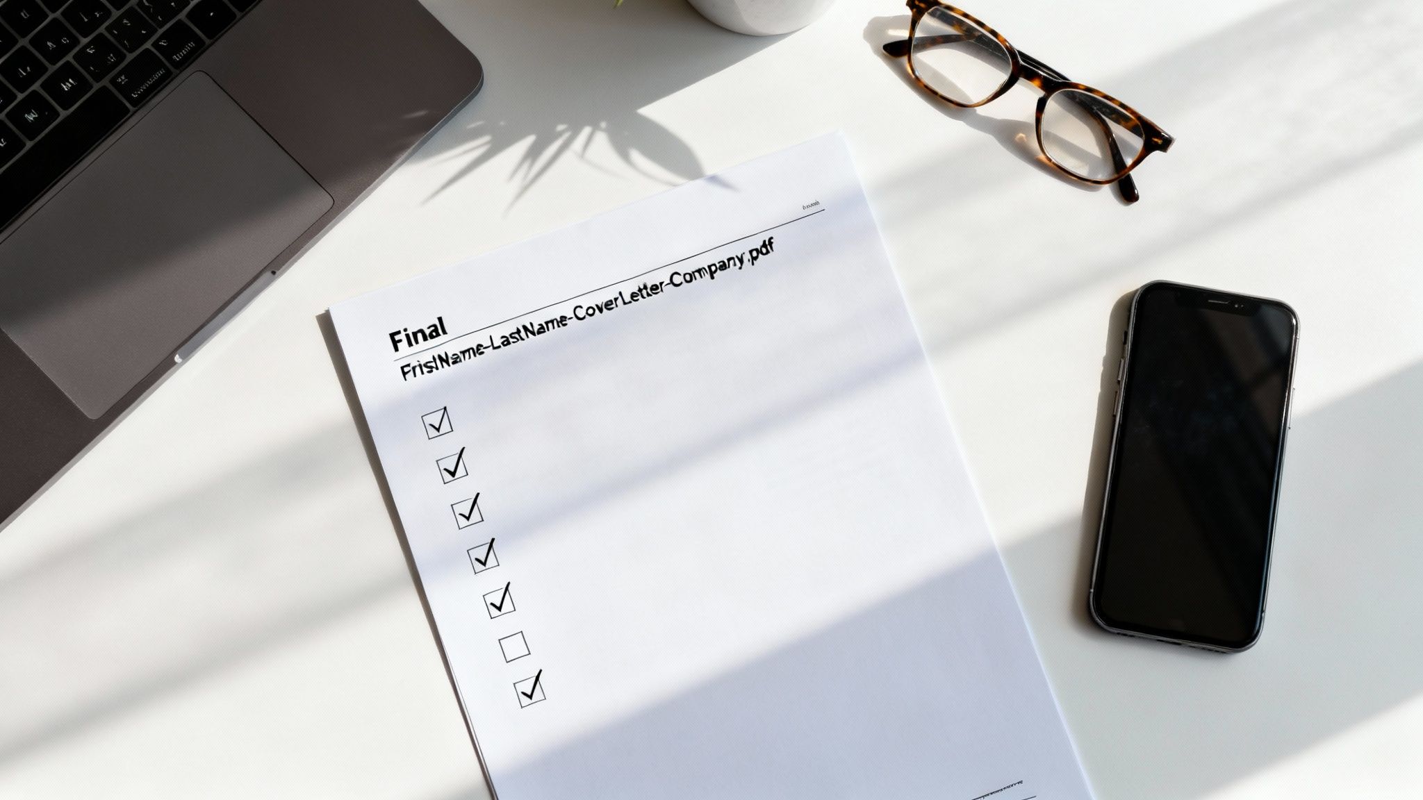 Flat lay of a professional desk with a laptop, cover letter checklist, glasses, and smartphone.