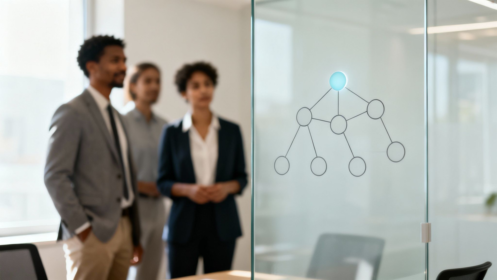 Focused business professionals observe a glowing hierarchical network diagram on a glass partition in a modern office.