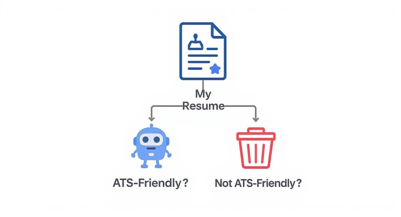 A diagram showing a resume evaluated for ATS compatibility, leading to either an ATS-friendly robot or a trash can.
