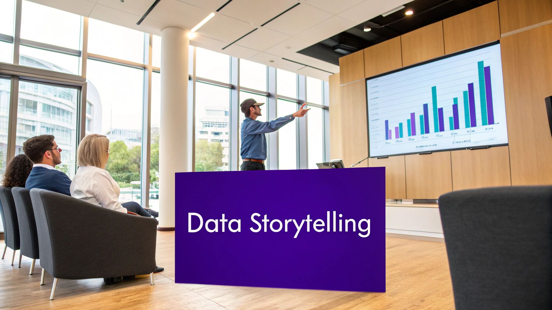A person presenting charts and data on a screen to an engaged audience.