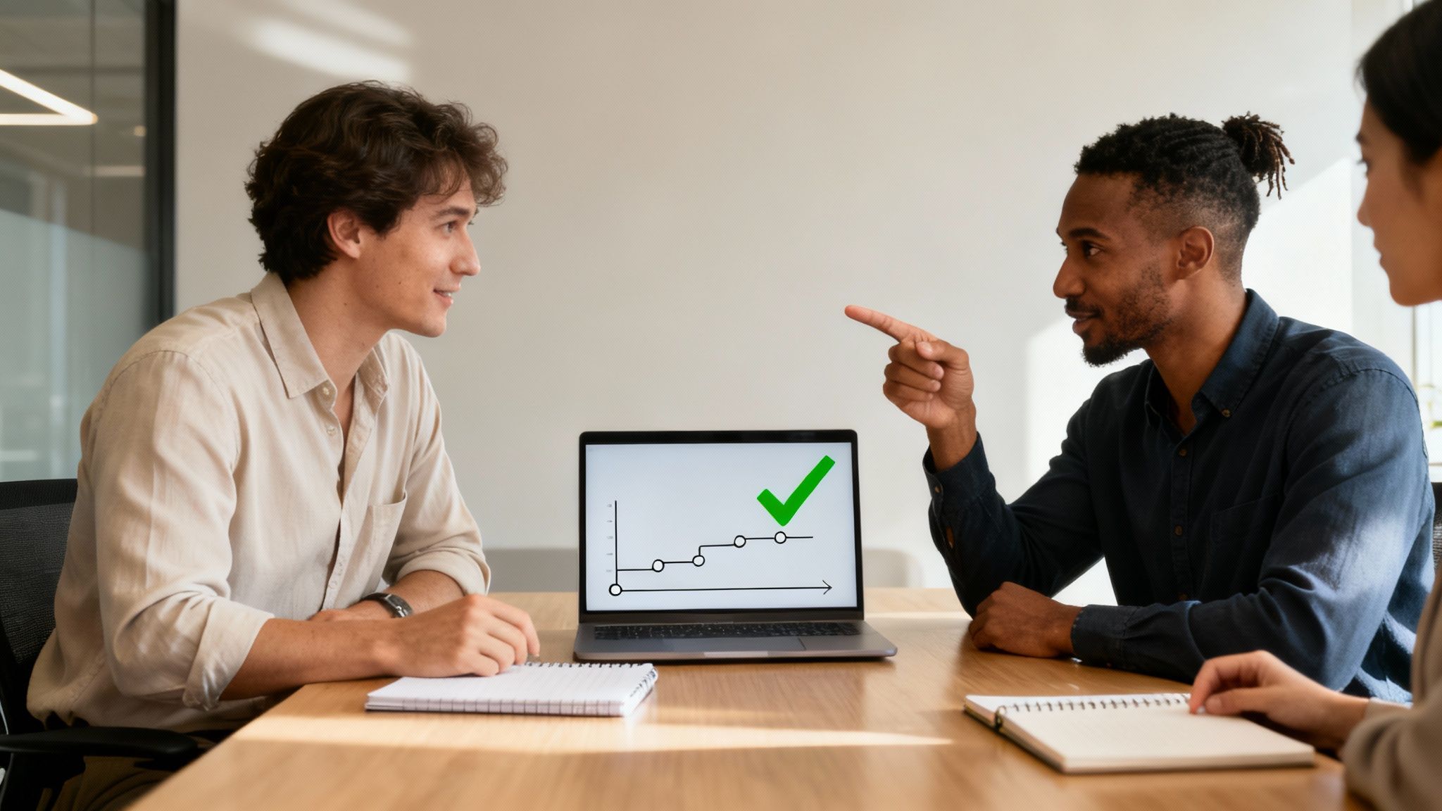 Three diverse colleagues reviewing a successful progress chart on a laptop during a meeting.