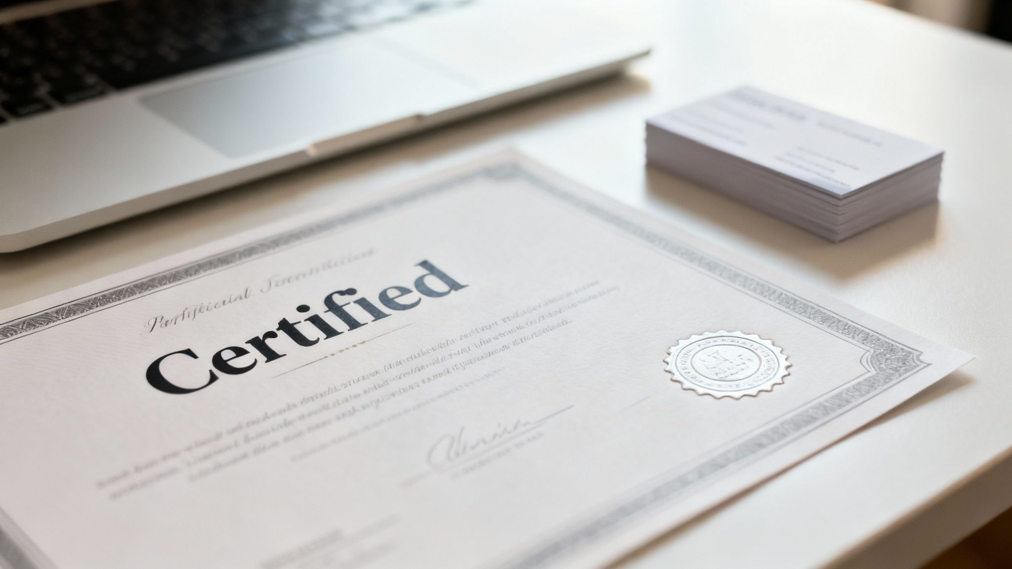 A 'Certified' document, laptop, and a stack of business cards on a clean white desk, symbolizing professional achievement.