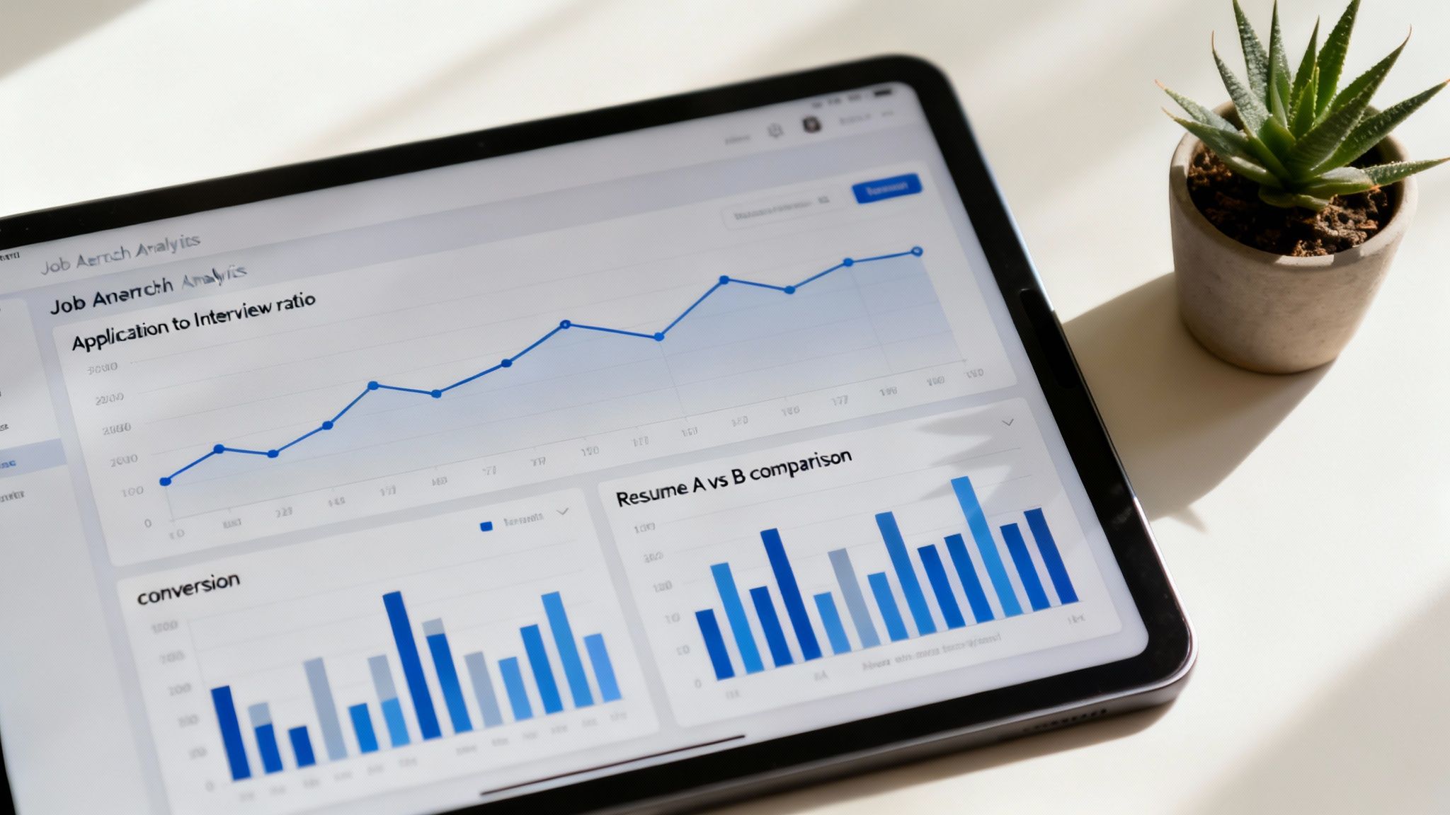 Tablet showing a job analytics dashboard with charts for application to interview ratio and resume comparison.