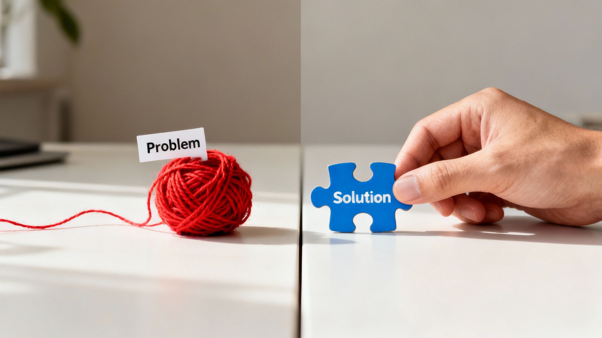 A hand holds a blue puzzle piece labeled "Solution" next to a red yarn ball labeled "Problem".