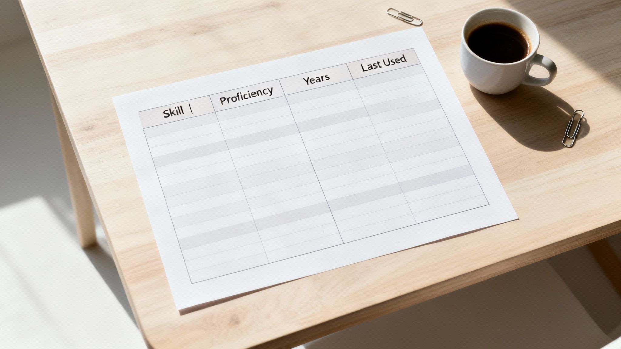 Empty skills inventory table with columns for skill, proficiency, years, and last used on wooden desk