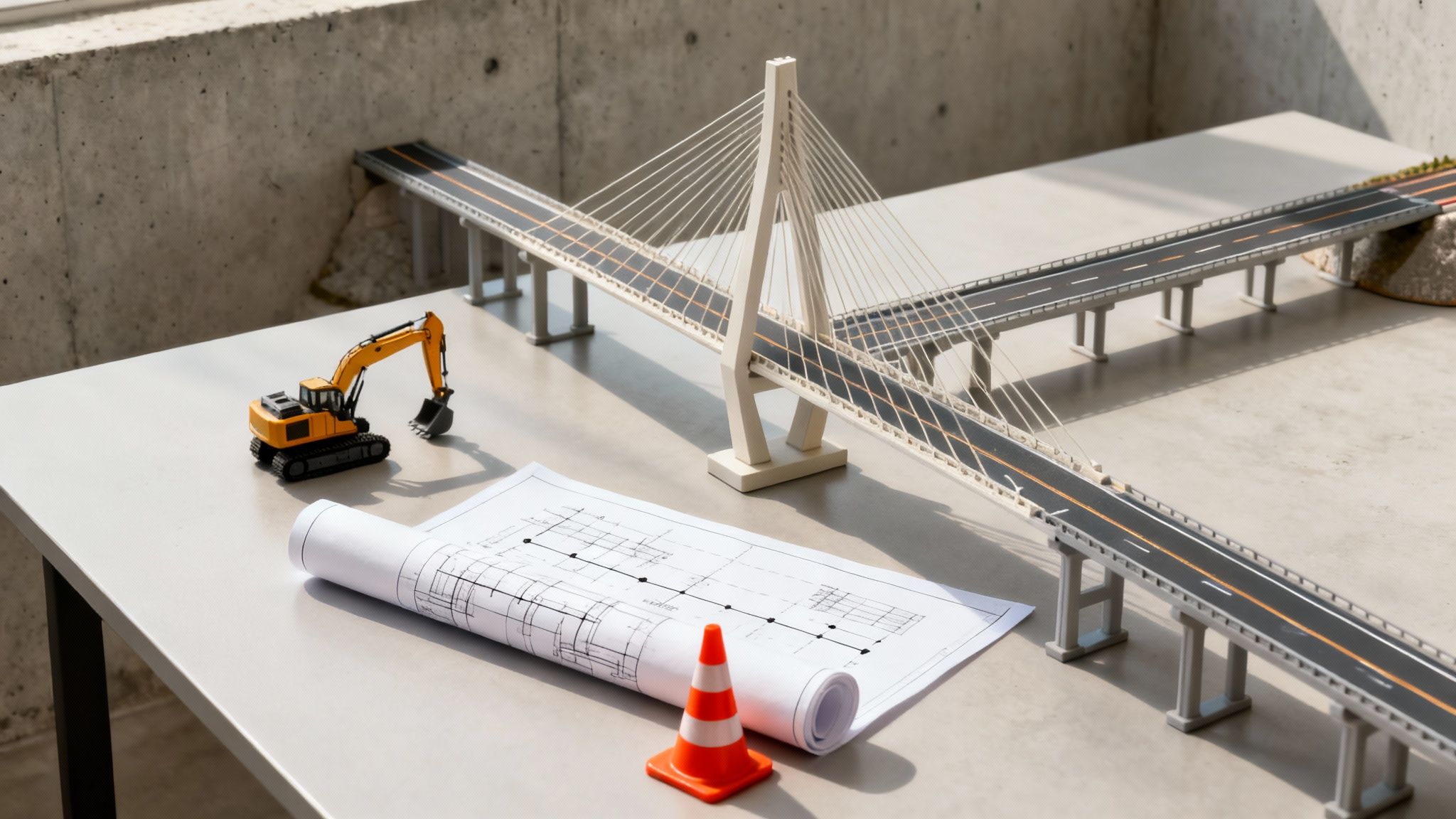 A table with a detailed model of a cable-stayed bridge, a toy excavator, blueprints, and a traffic cone, representing a construction project.