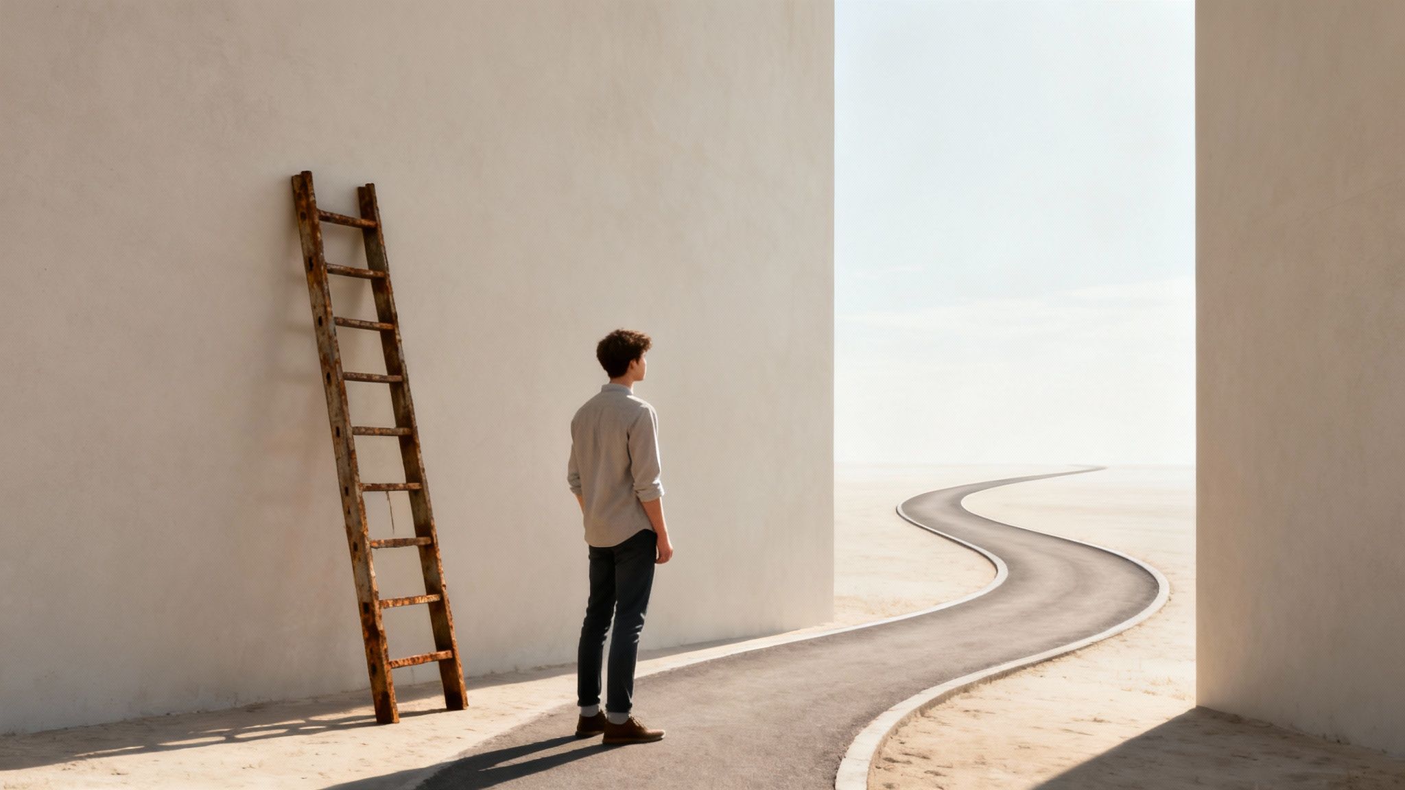 Young man facing a choice between a ladder and a long winding road into the unknown.