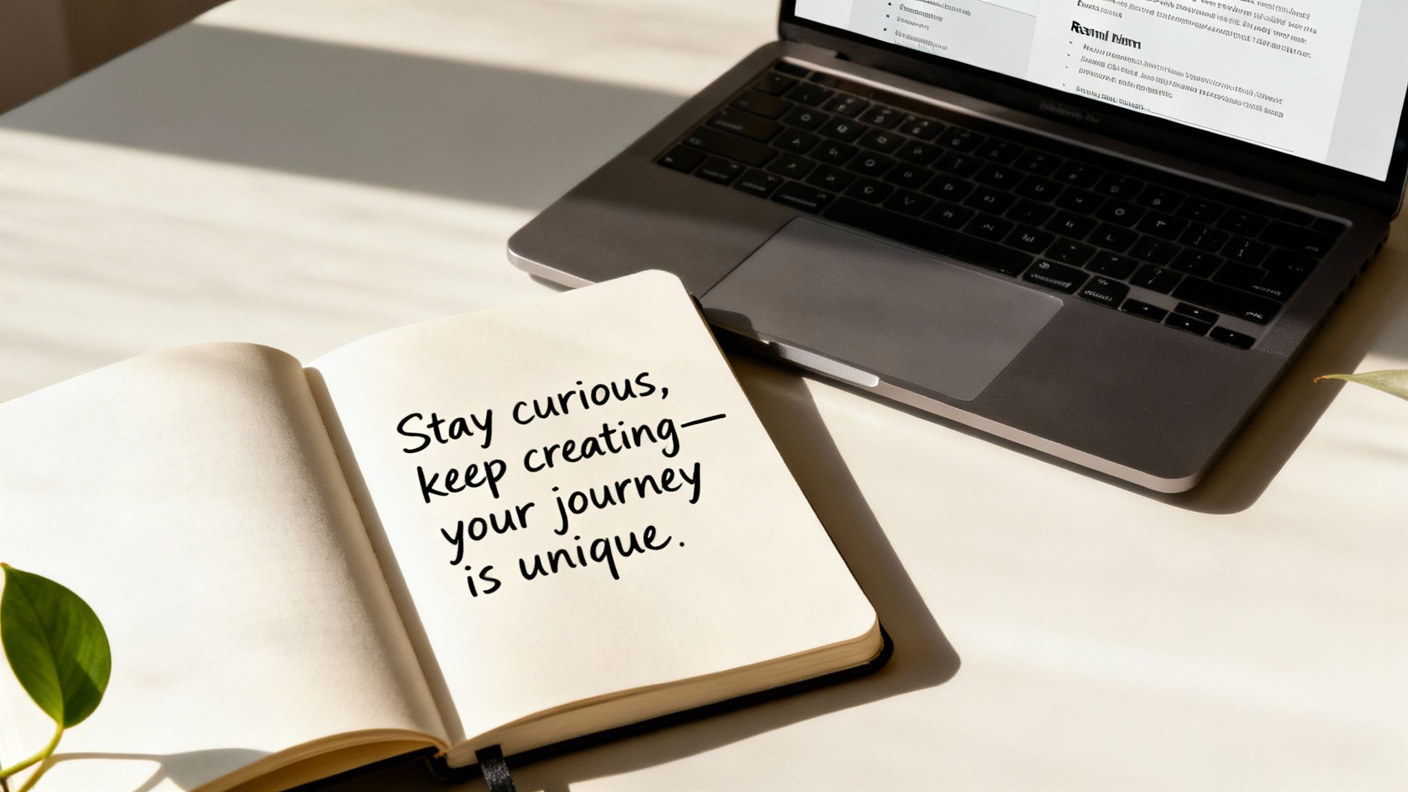 Motivational notebook with handwritten message beside laptop on clean minimalist desk workspace