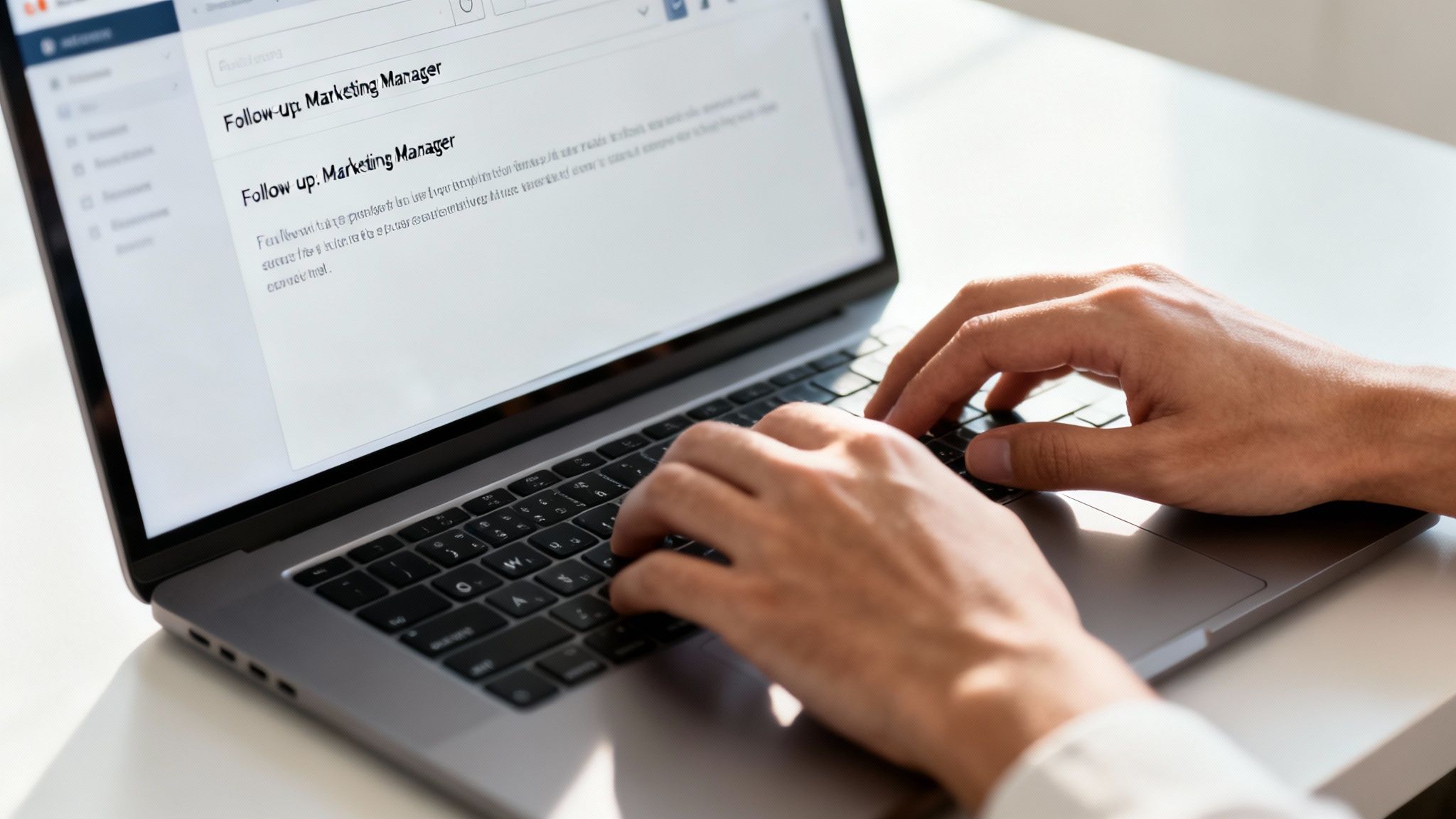 Person's hands typing on a laptop keyboard, with a follow-up email visible on the screen.