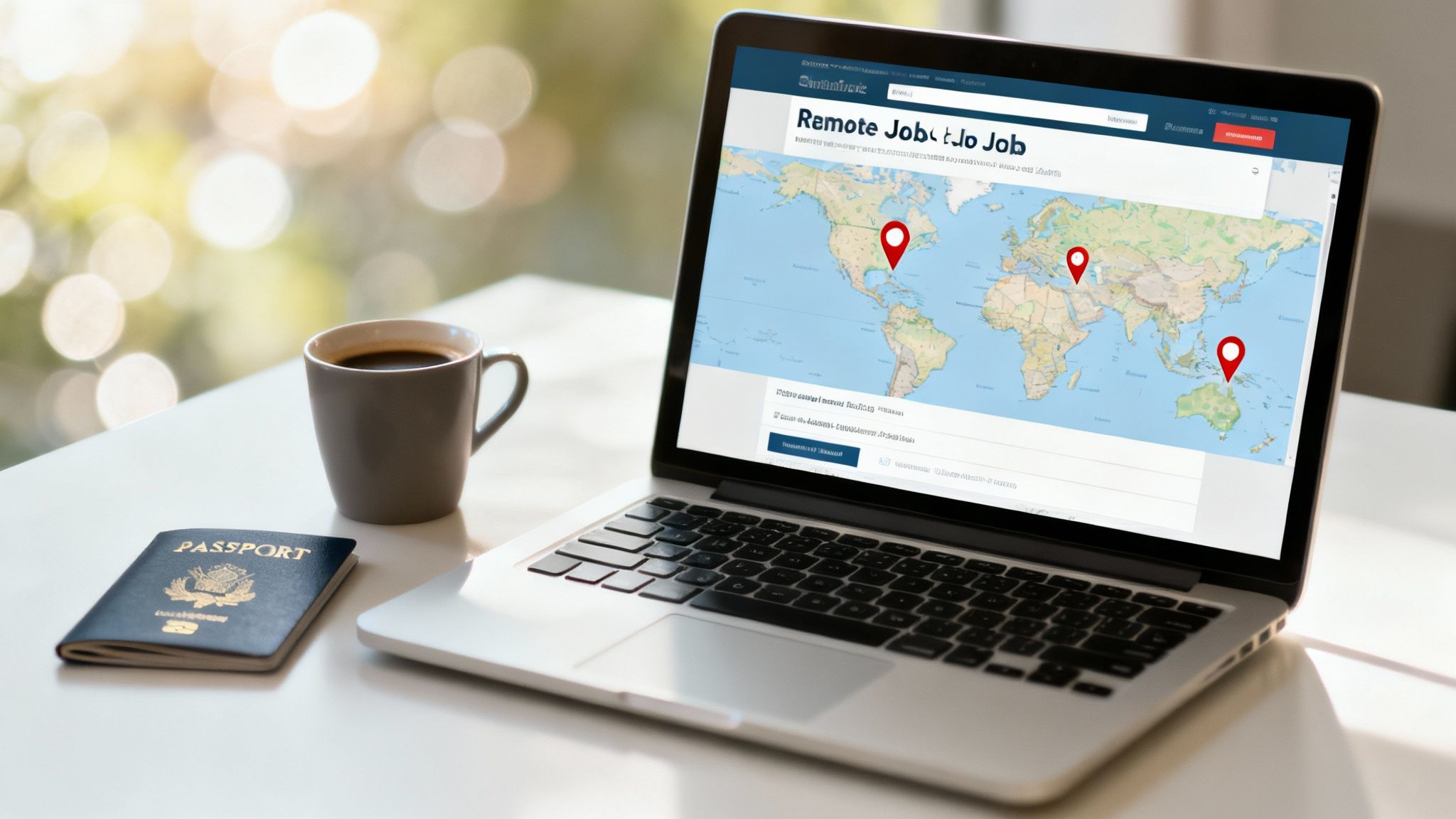 Laptop displaying remote job search website with world map and location pins, passport and coffee nearby
