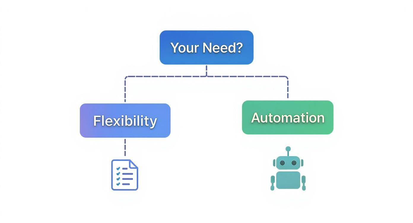 A diagram presenting a choice: 'Your Need?' leading to 'Flexibility' (with a checklist) or 'Automation' (with a robot).
