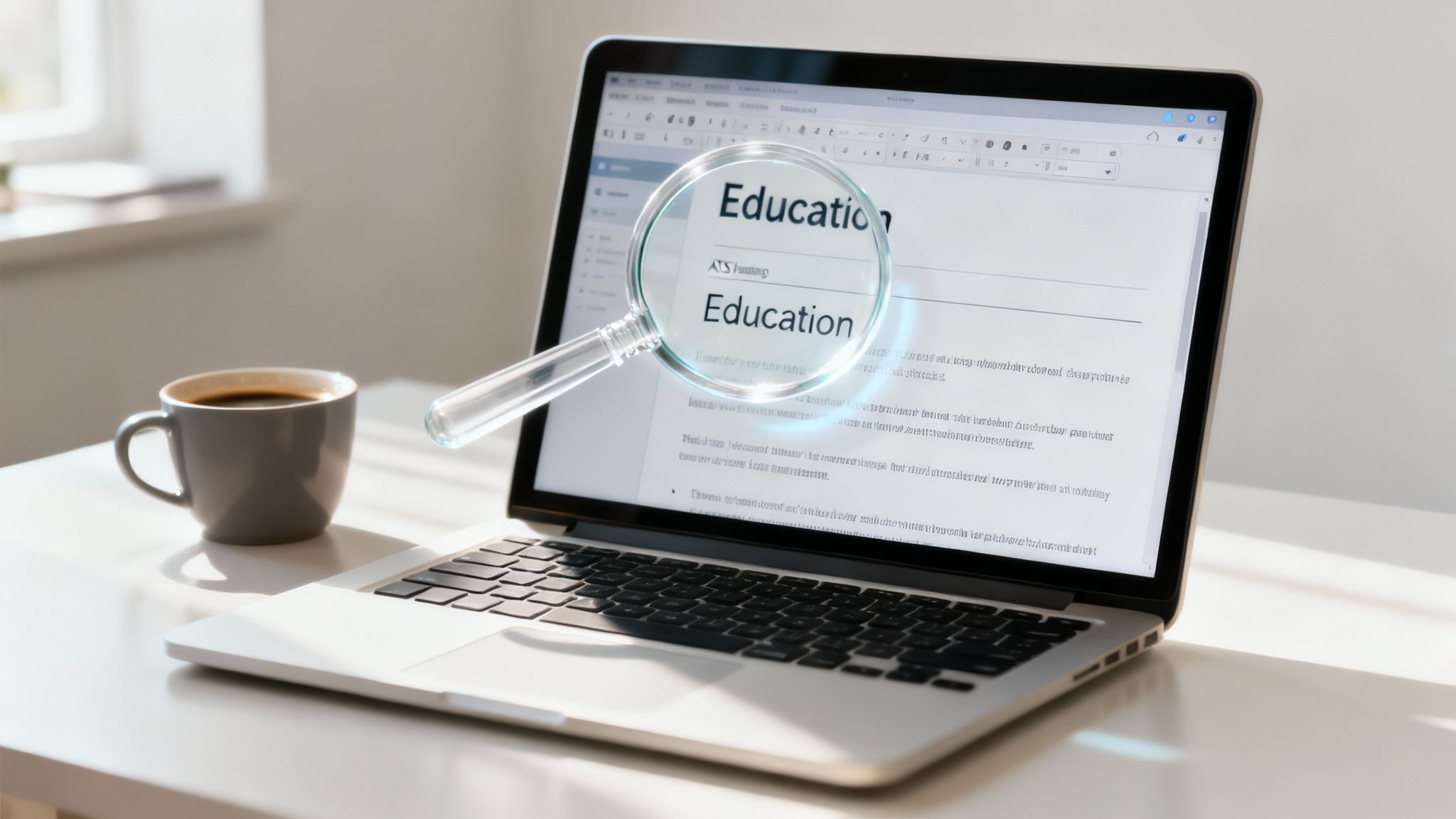 A sleek, modern desk setup with a resume on a laptop screen, highlighting the education section.