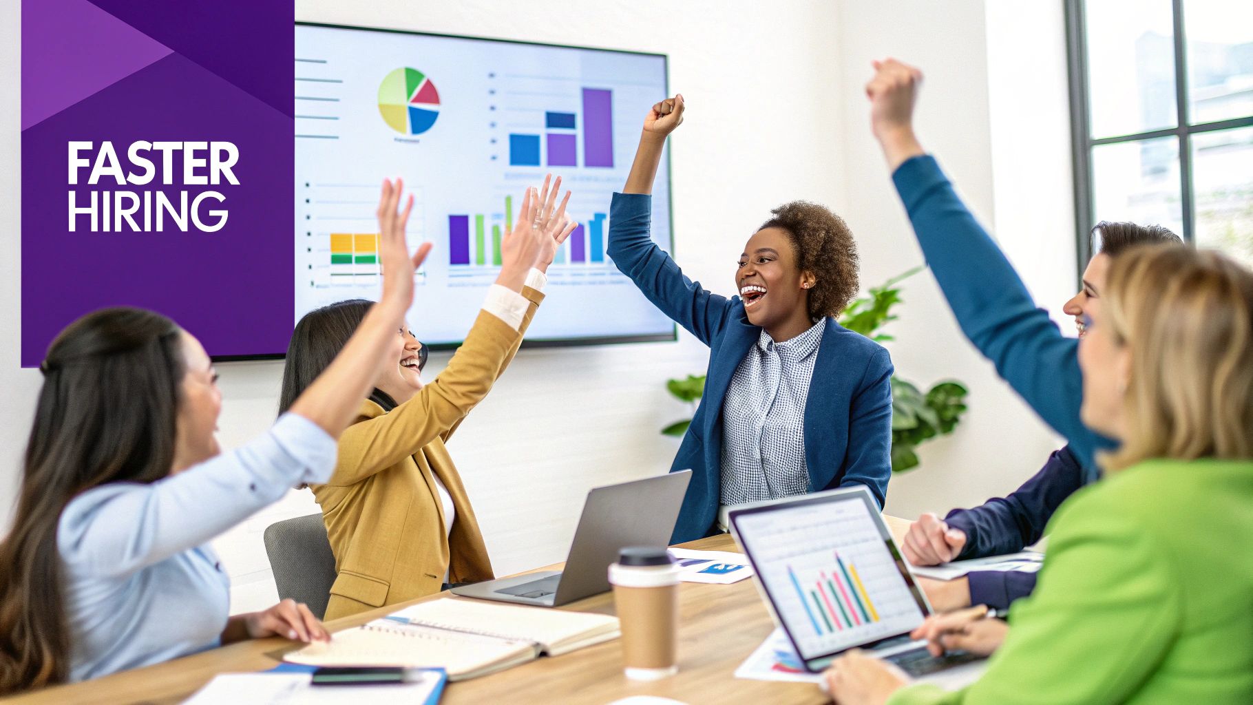 A diverse team collaborates around a table, pointing at charts on a laptop screen, symbolizing data-driven decisions.