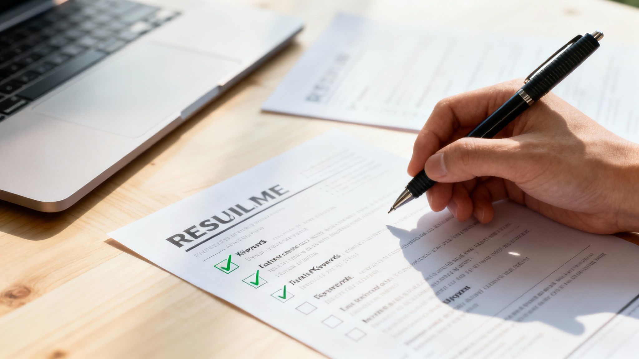 Person reviewing resume checklist with pen, preparing job application documents on wooden desk