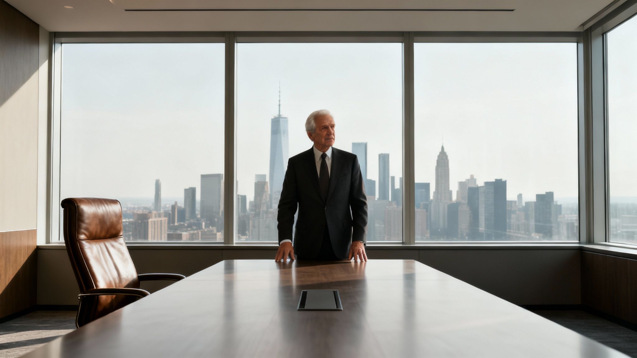 An executive man in a suit stands in a high-rise office overlooking a city skyline with skyscrapers.