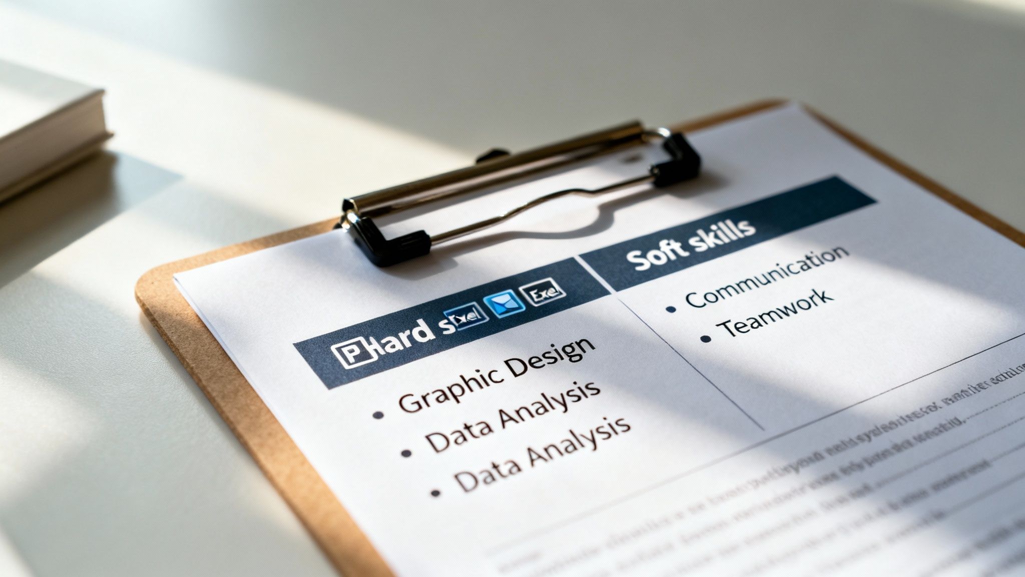 Close-up of a resume on a clipboard showcasing hard skills like graphic design and data analysis, and soft skills like communication and teamwork.