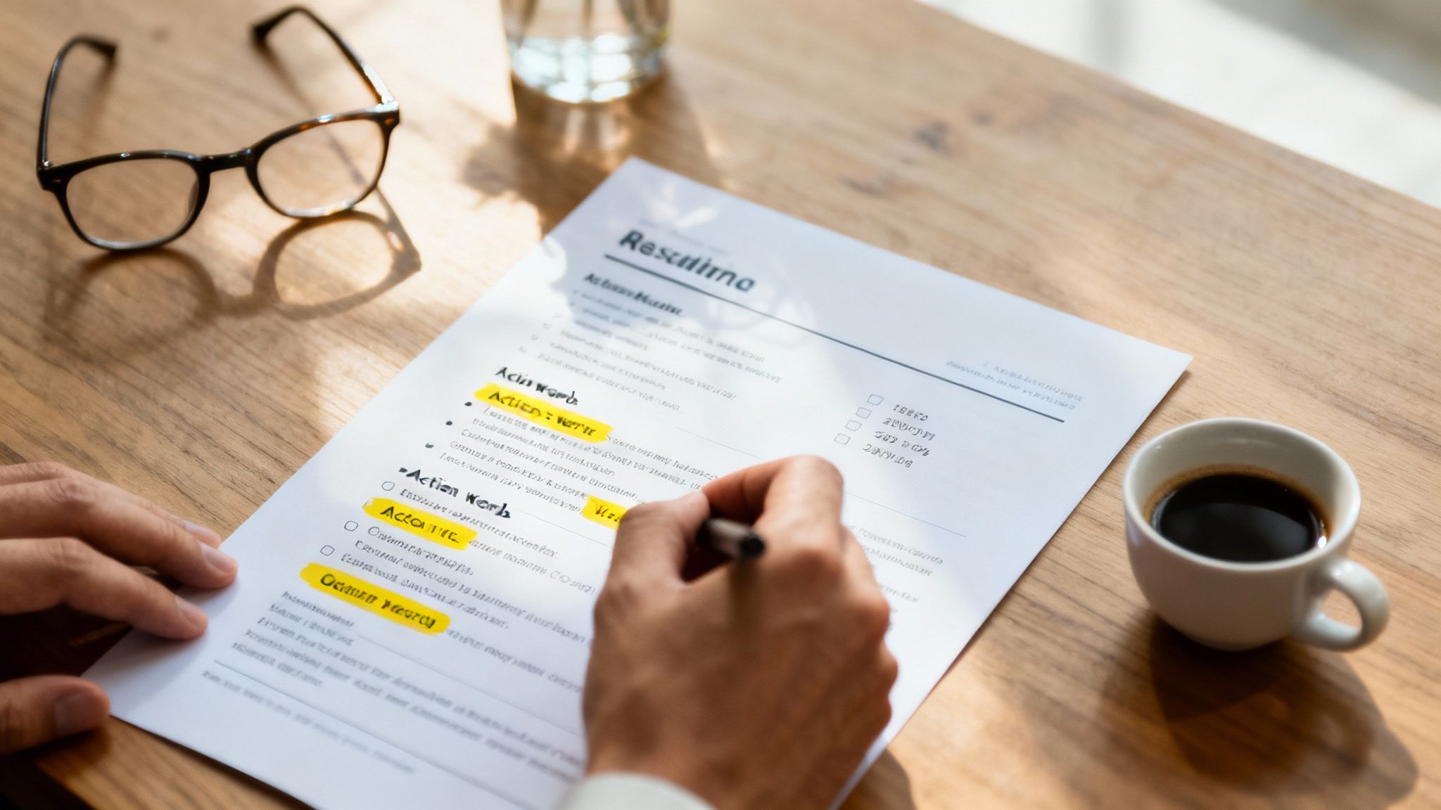 A person's hands reviewing a resume document with a pen, coffee cup, and glasses on a wooden desk.