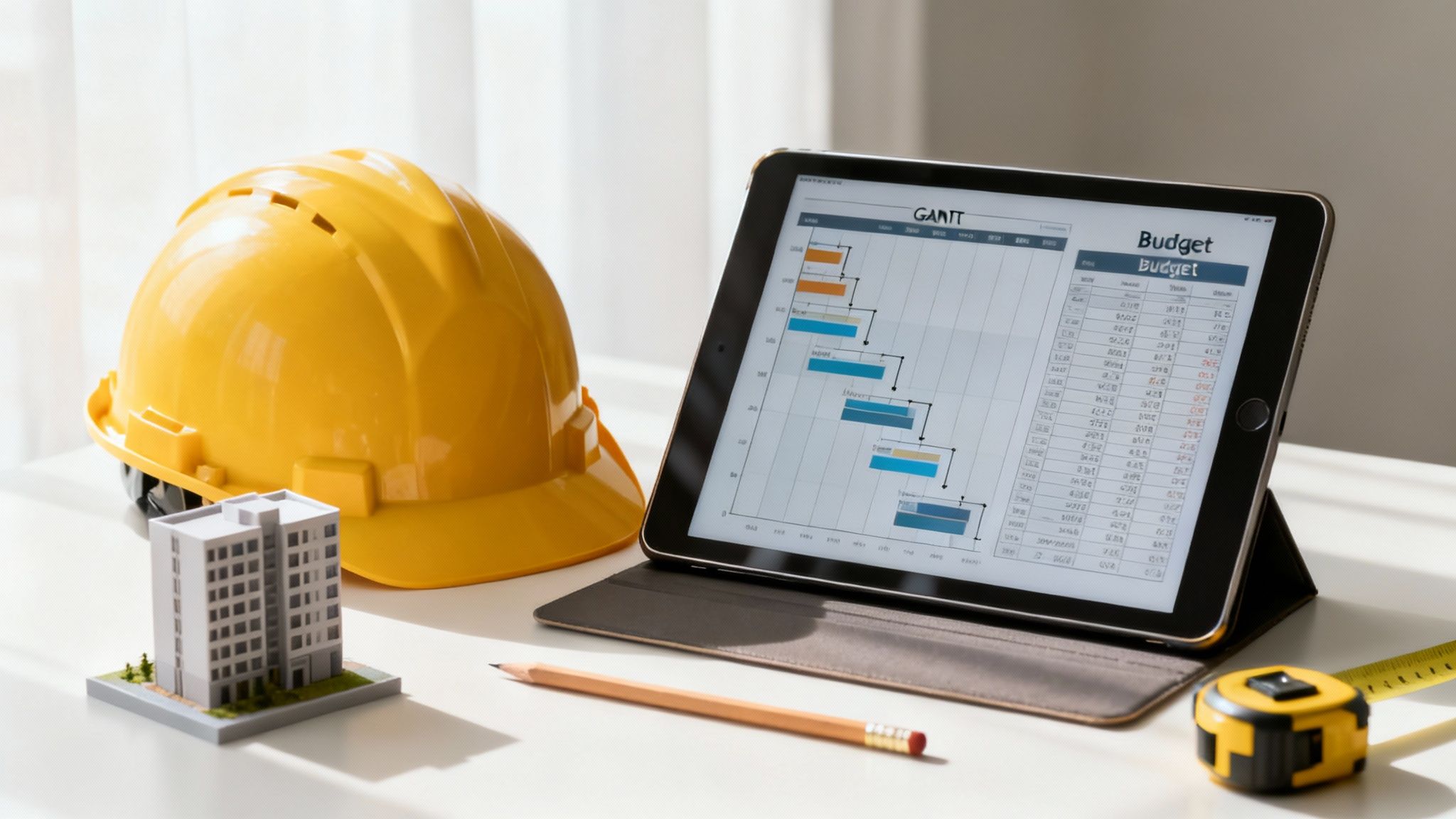 A construction manager's desk with a yellow hard hat, a tablet showing project plans, and a model building.