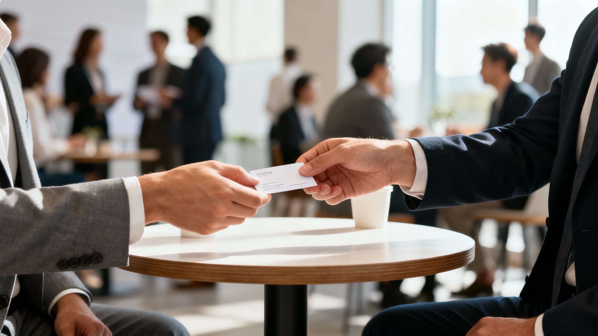 Two businessmen exchange business cards across a table at a professional networking event.