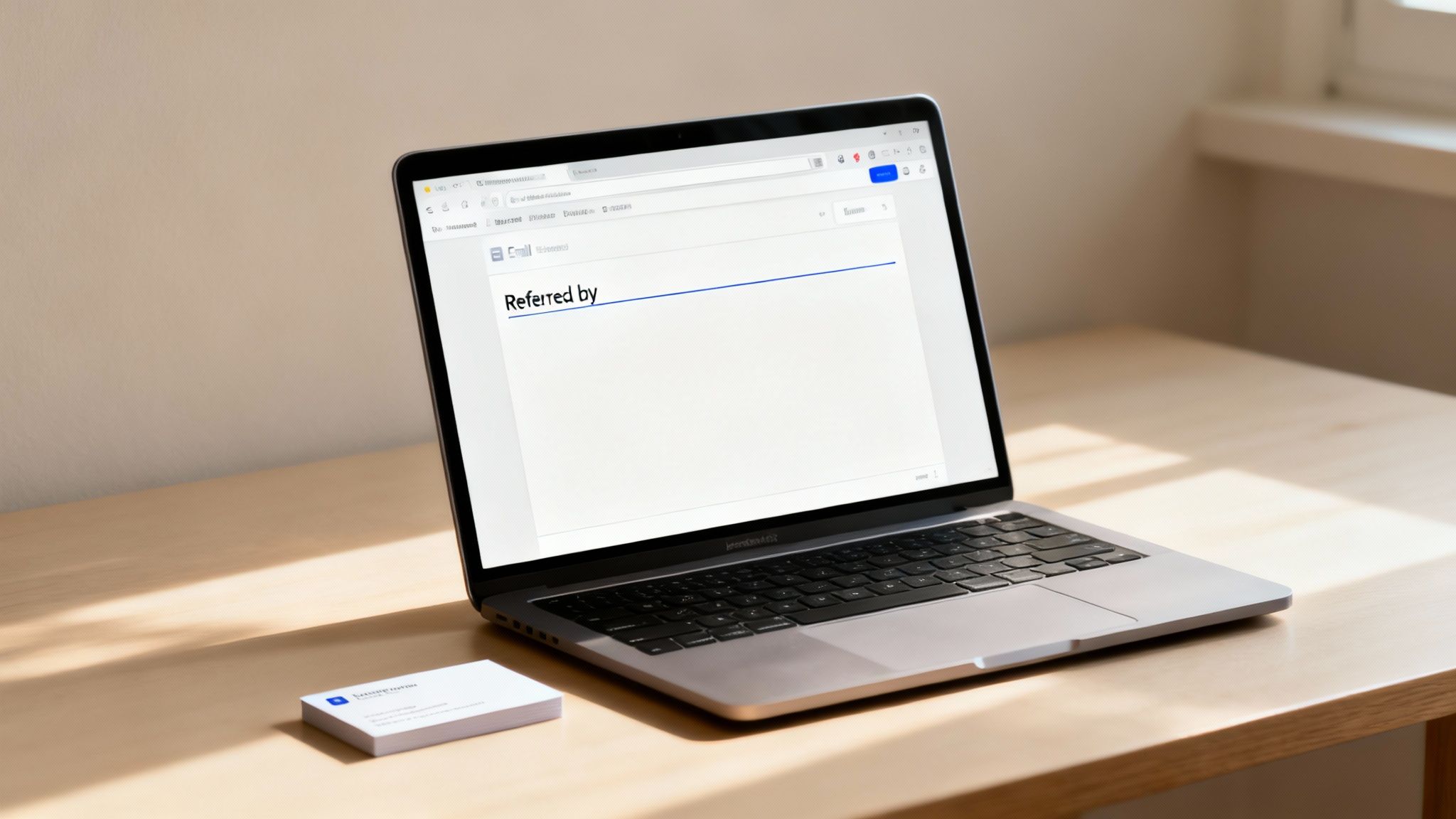 Laptop displaying email form with referred by field and business cards on wooden desk