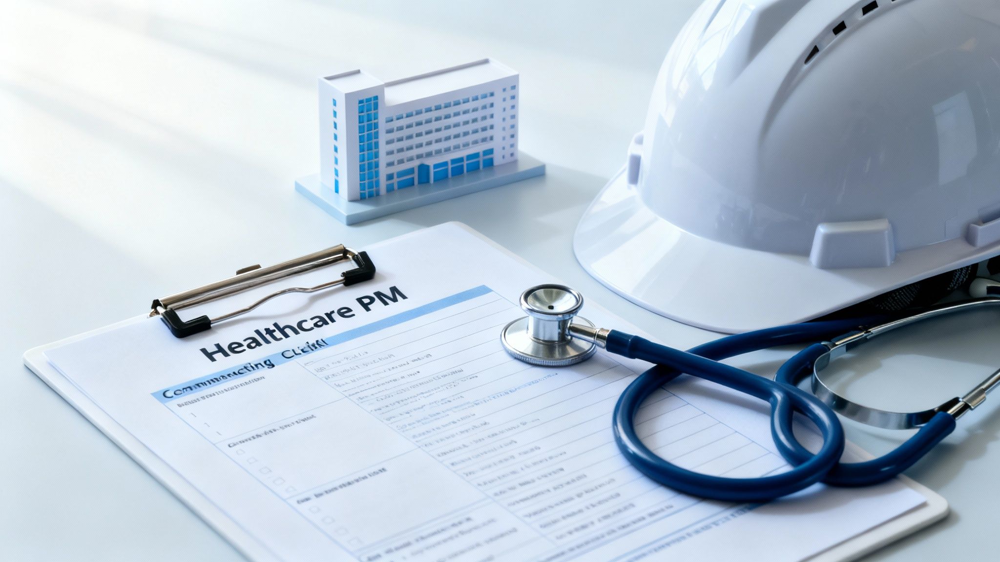 Desk setup with a white safety helmet, stethoscope, clipboard, and a building model, symbolizing healthcare construction project management.