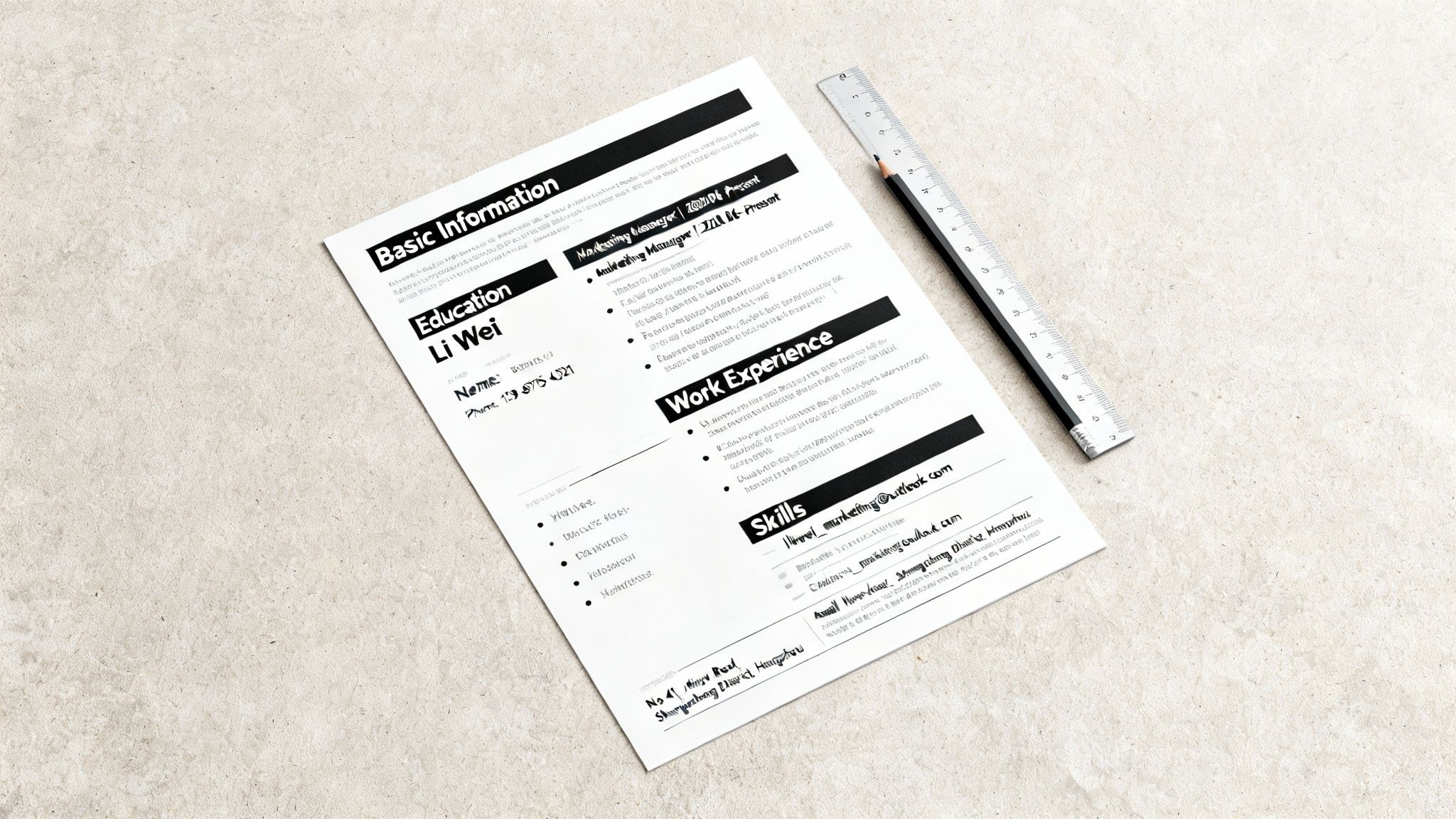 Professional resume document on a desk, showing education, work experience, and skills, with a pencil and ruler.