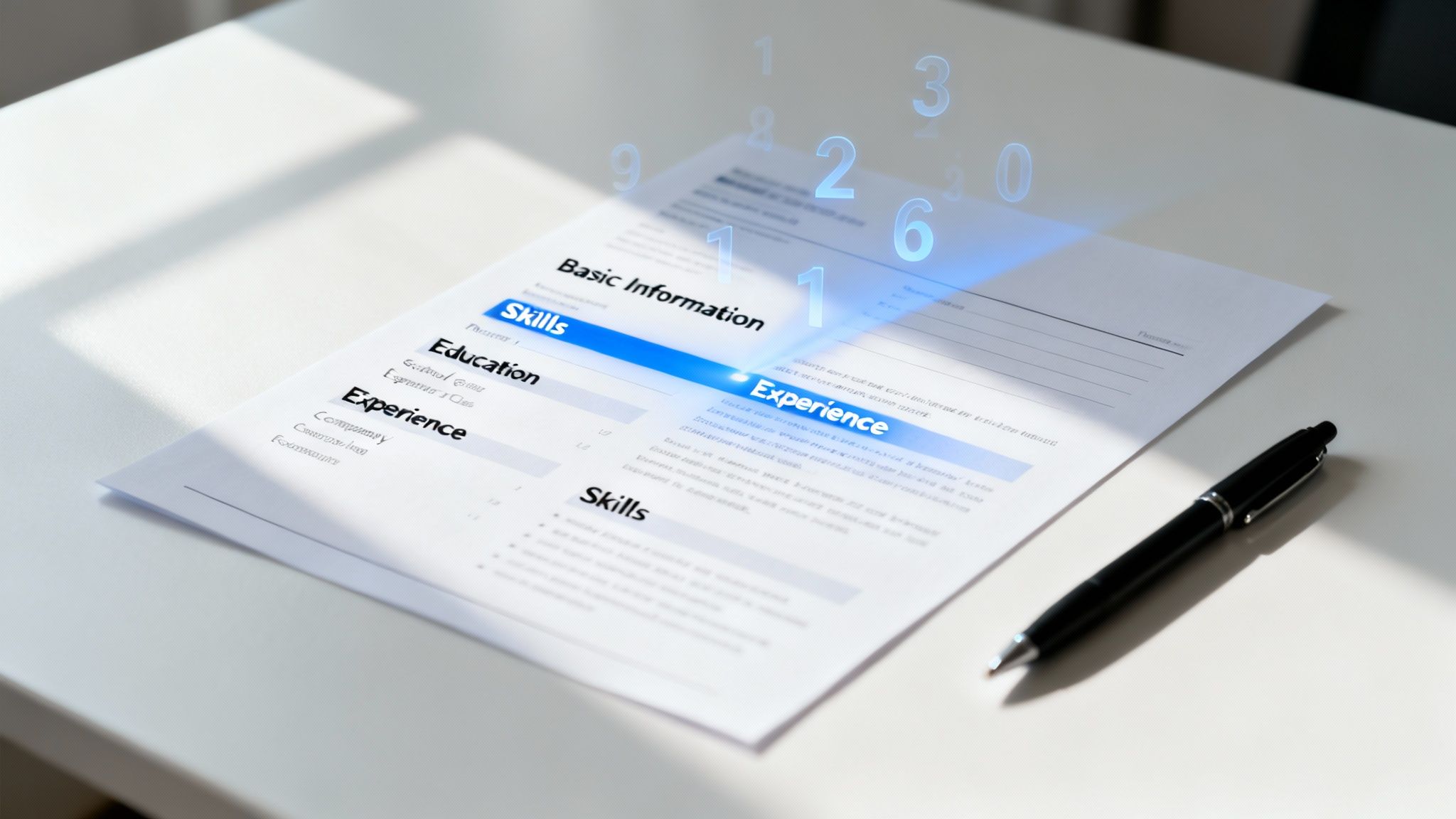 A resume document with glowing digital numbers highlighting skills and experience on a white desk.