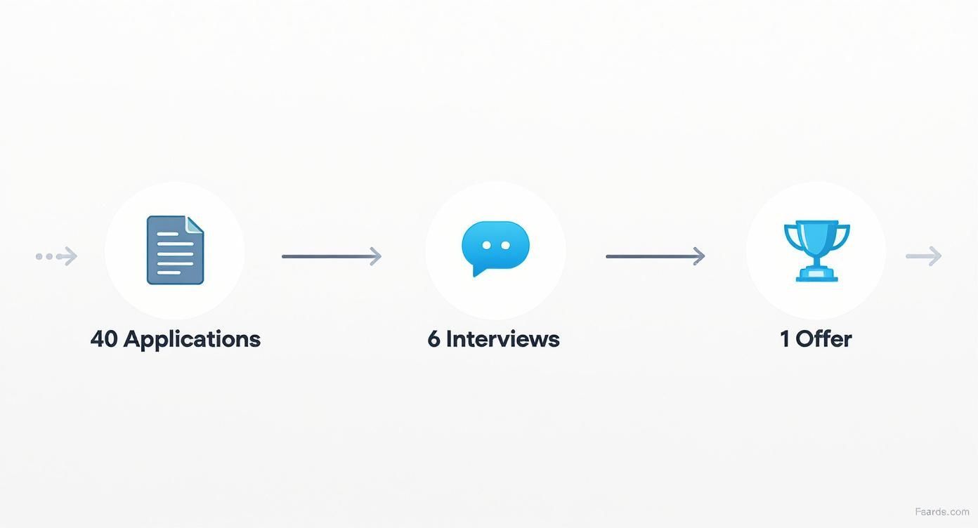 Job application funnel showing forty applications leading to six interviews resulting in one job offer