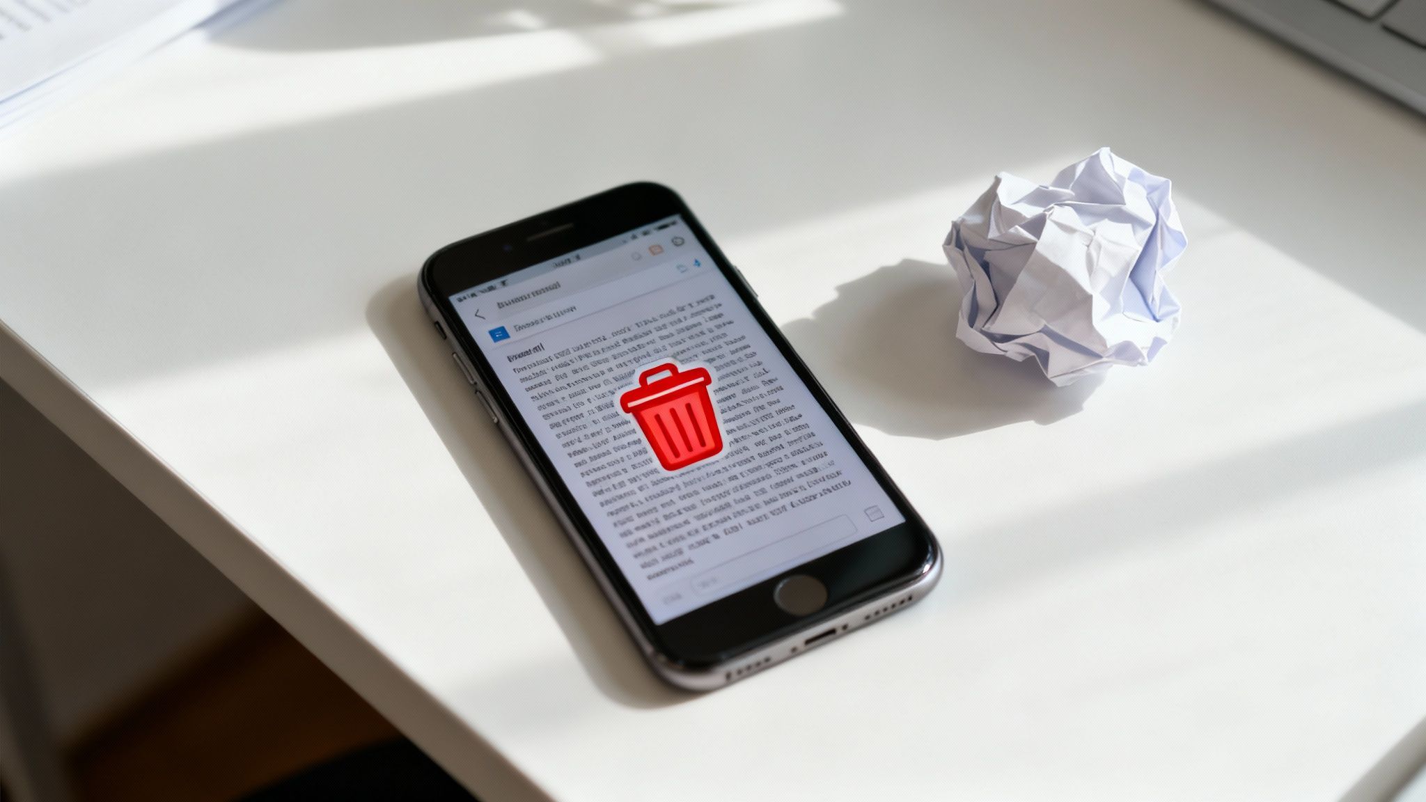 A smartphone screen displays an email with a red trash can icon, next to a crumpled piece of paper.