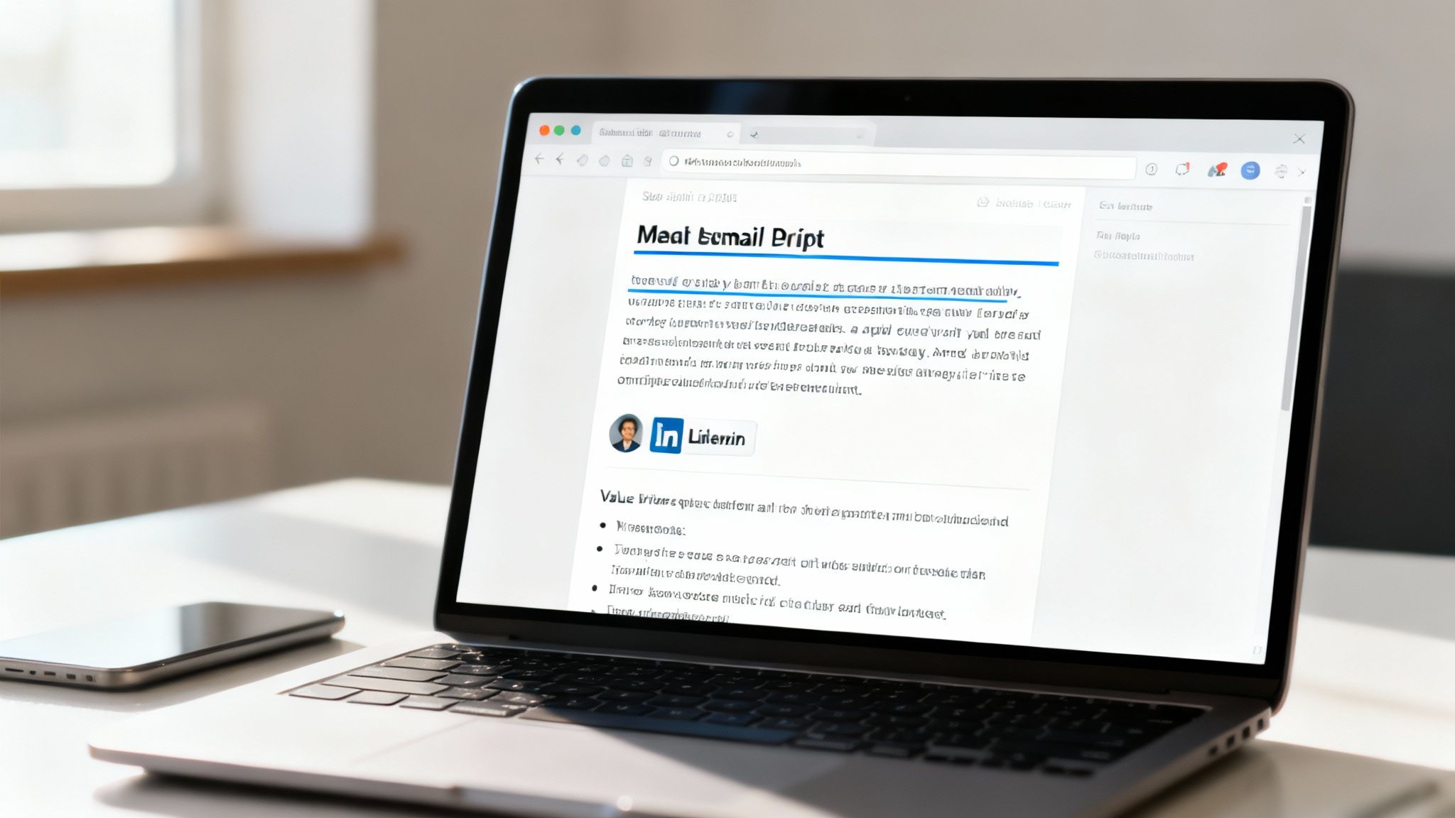 A laptop on a desk displaying an 'Email Script' webpage with a LinkedIn logo and a smartphone.