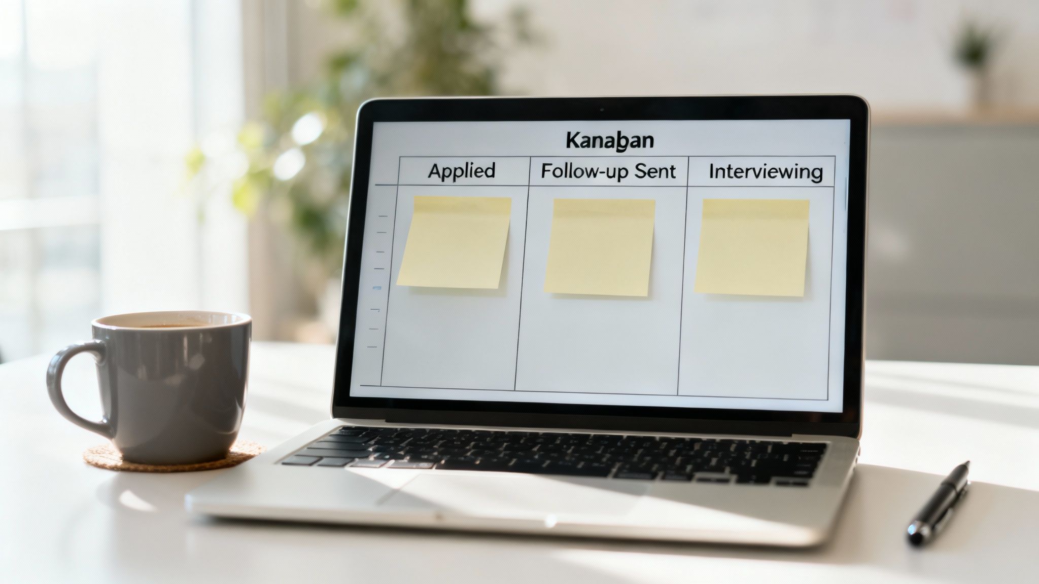 A laptop showing a digital Kanban board with job application stages and yellow sticky notes on a desk.