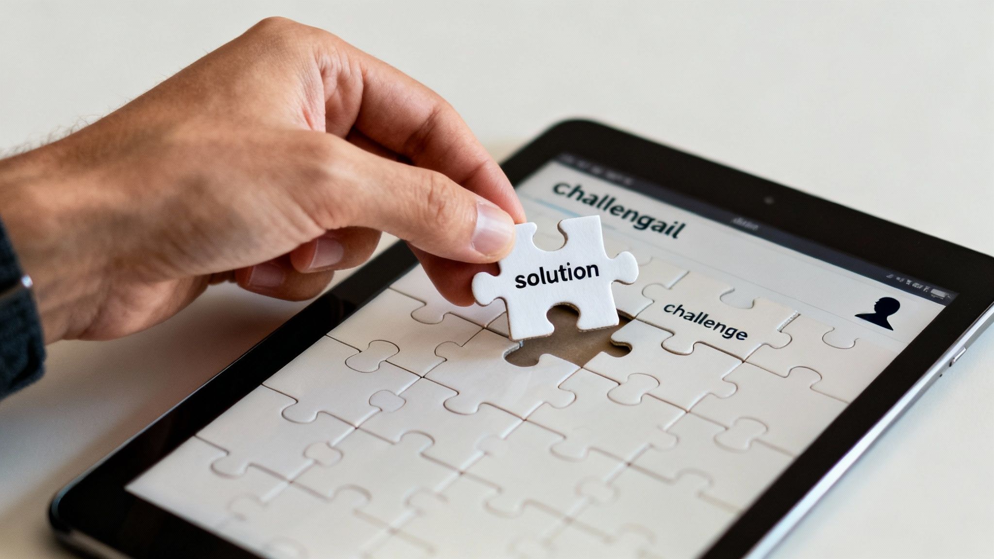 Hand placing puzzle piece labeled solution over tablet showing challenge and solution concept