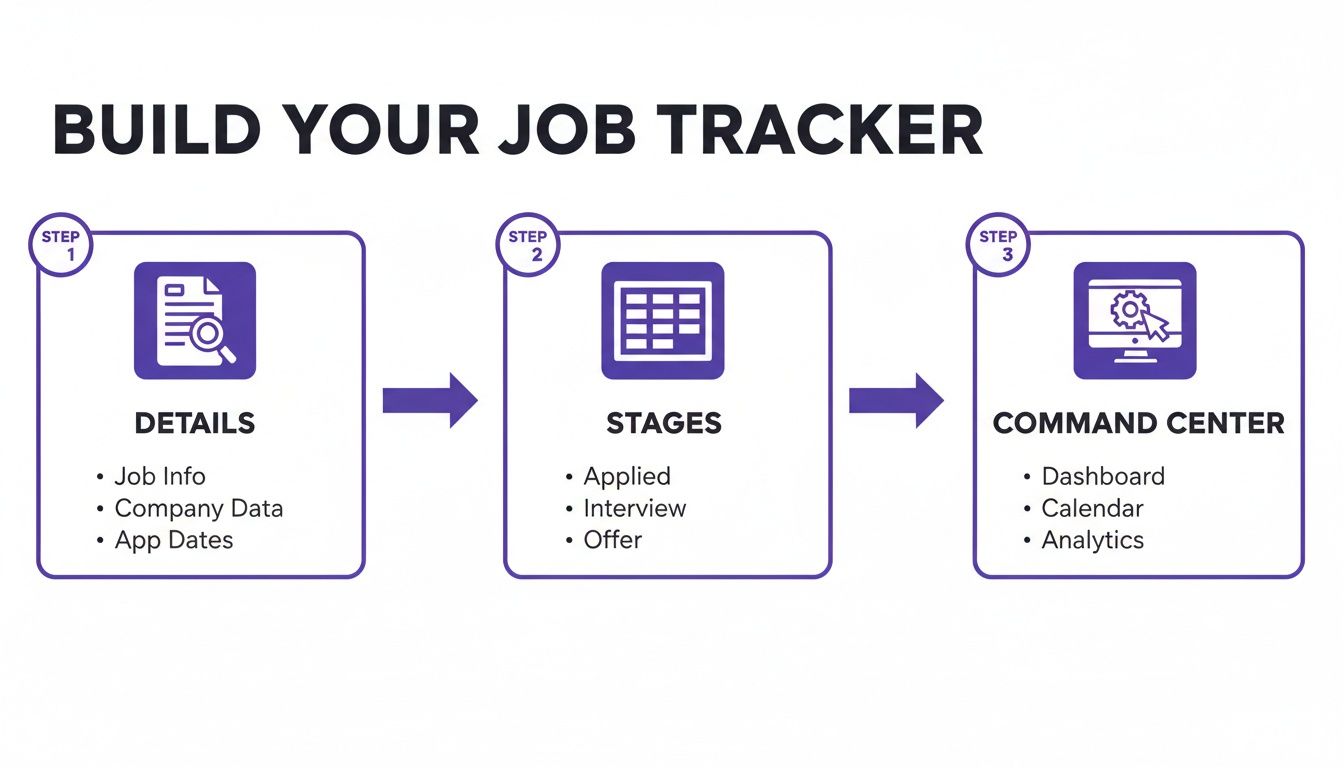 A three-step infographic illustrating how to build a job tracker with details, stages, and a command center.