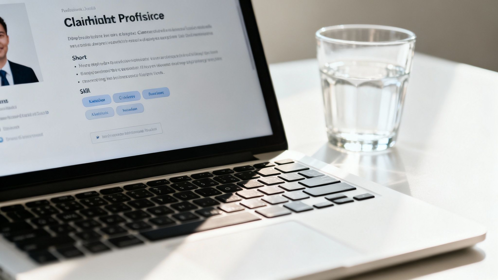 A laptop displays an online profile page with skills section, next to a refreshing glass of water.