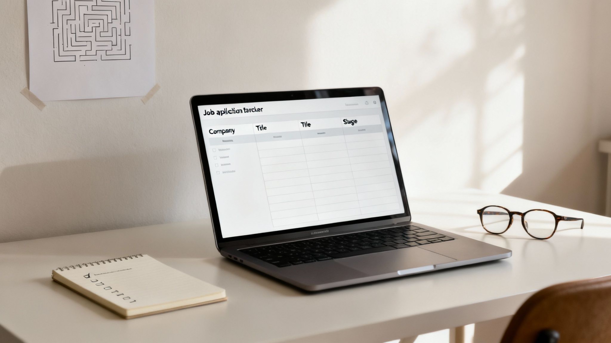 A laptop displaying a job application tracker spreadsheet, with glasses and a notebook on a white desk.