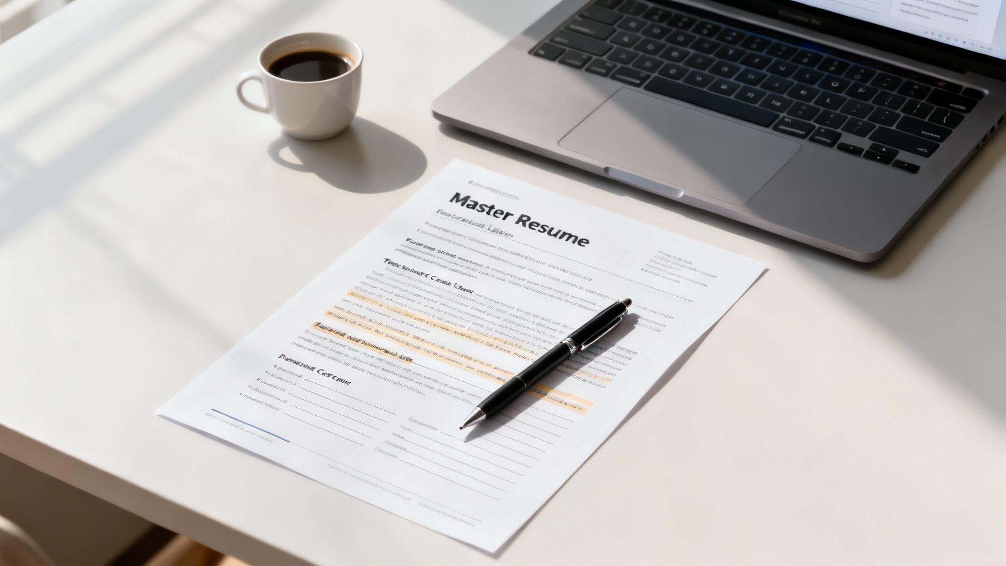 Overhead view of a desk with a 'Master Resume' document, a pen, a laptop, and a cup of coffee.