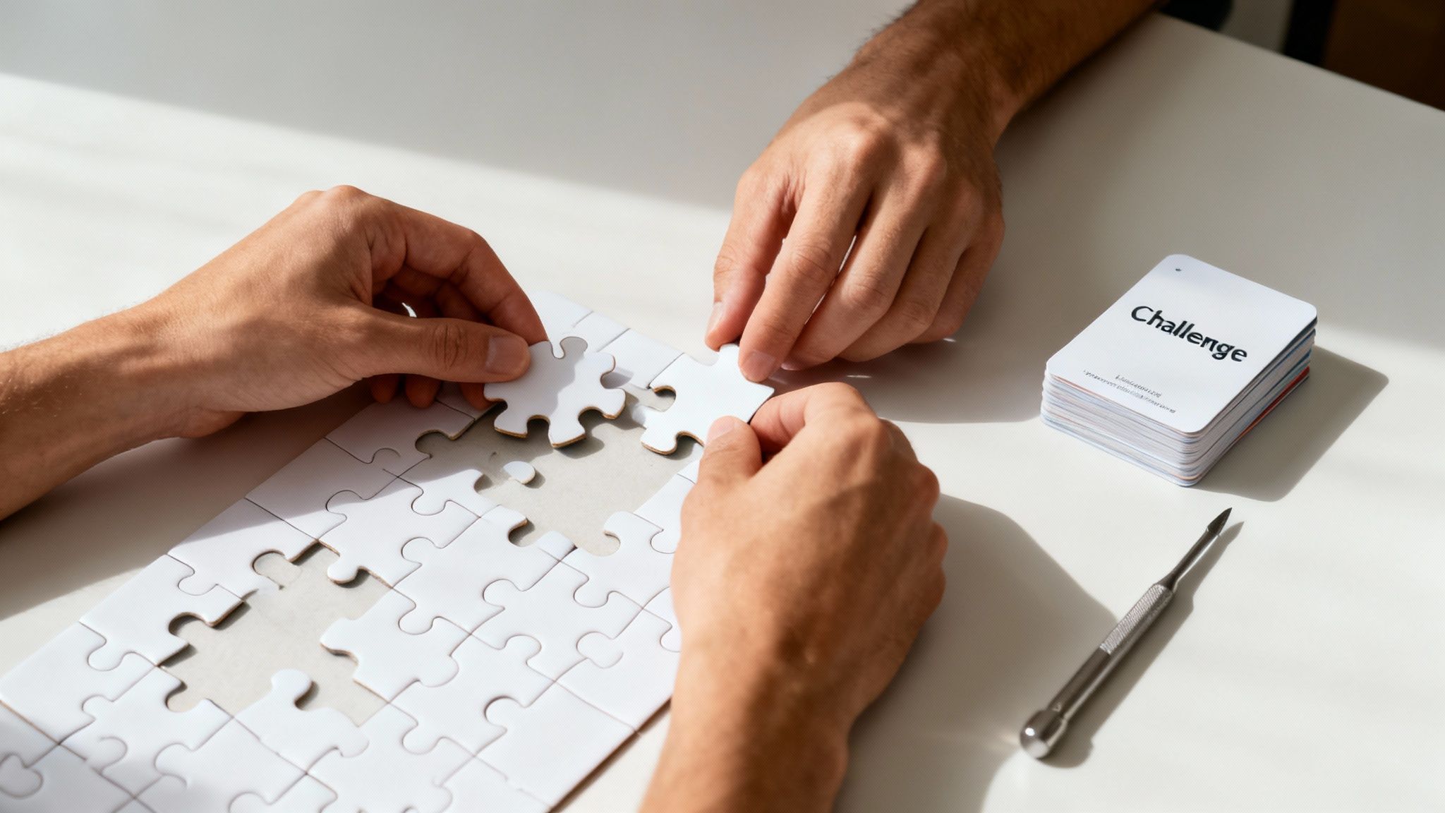 Two people collaborate, assembling a white jigsaw puzzle on a table next to 'Challenge' cards.
